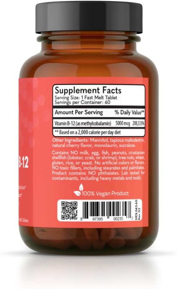MD Logic Health Methyl-B12 5000 Fast Melt Tablets for Vegan Energy Support - 60 count - Made in NY