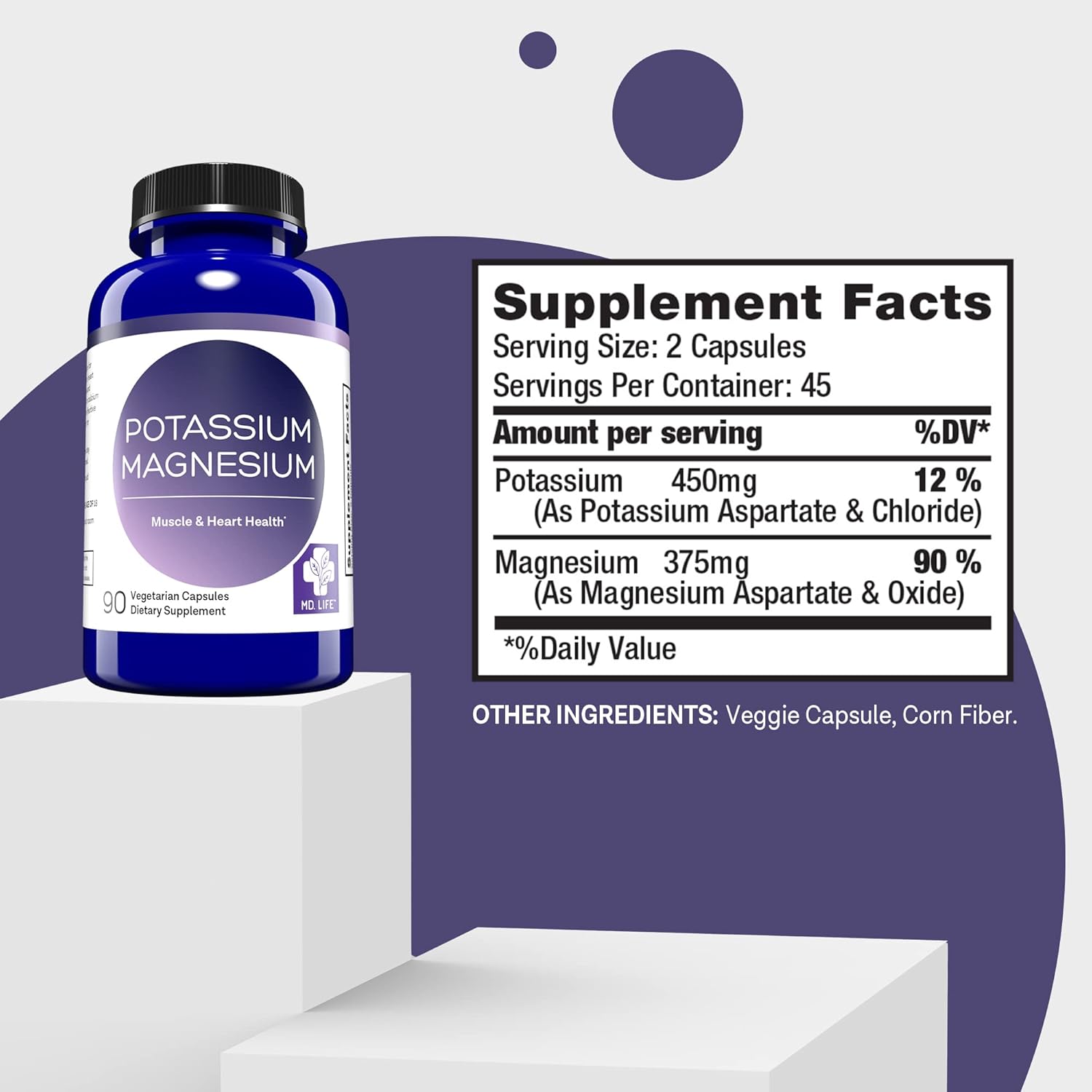 MD.LIFE Magnesium Citrate and Potassium Supplement - 90 Capsules, 90 Count Bottle