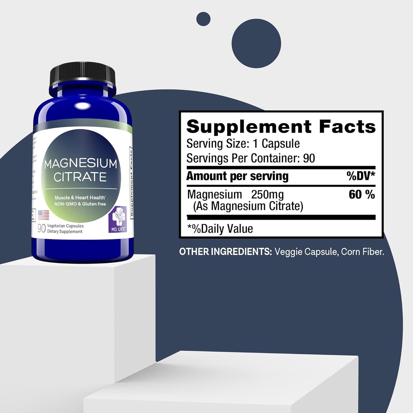MD.LIFE Magnesium Citrate and Potassium Supplement - 90 Capsules, 90 Count Bottle