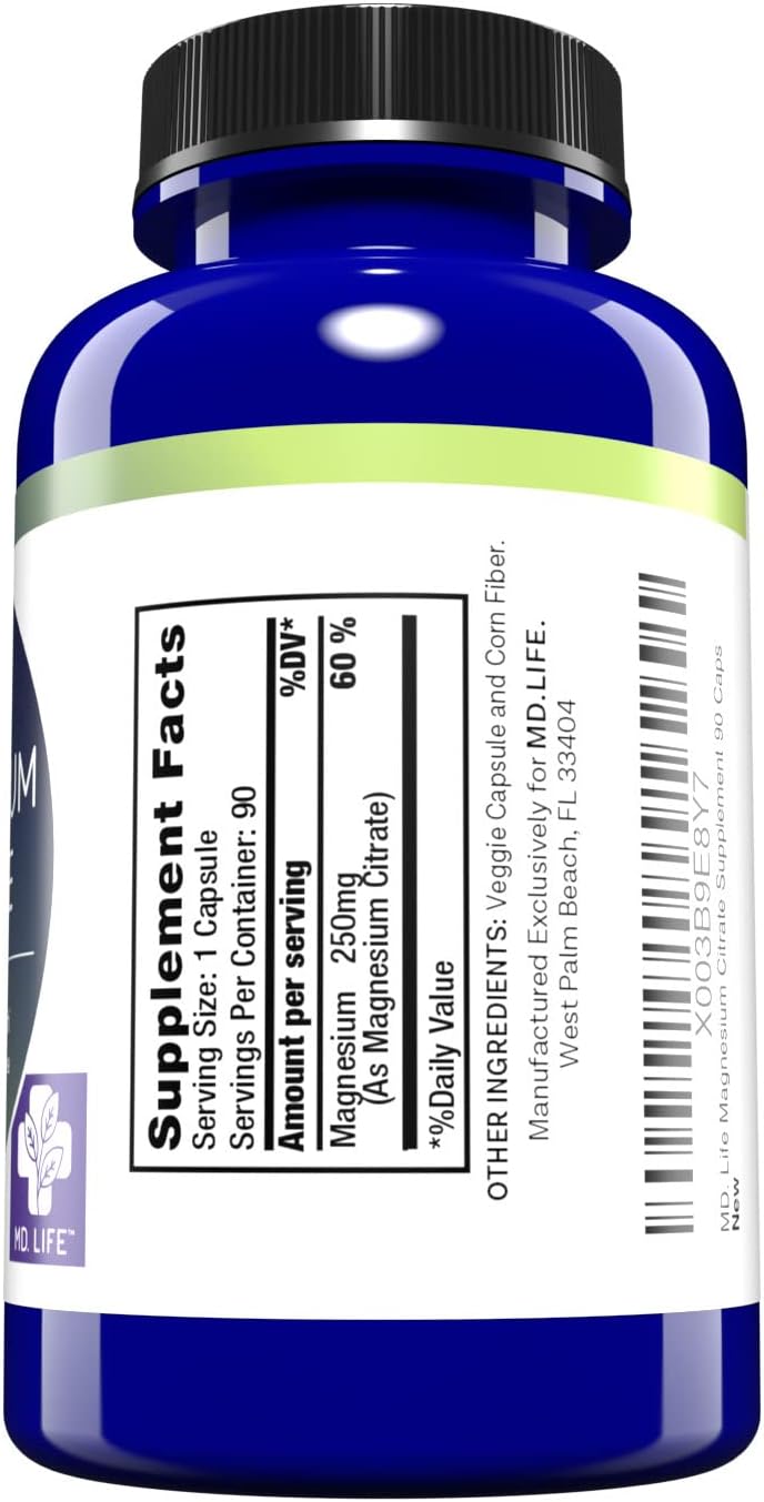 MD.LIFE Magnesium Citrate and Potassium Supplement - 90 Capsules, 90 Count Bottle