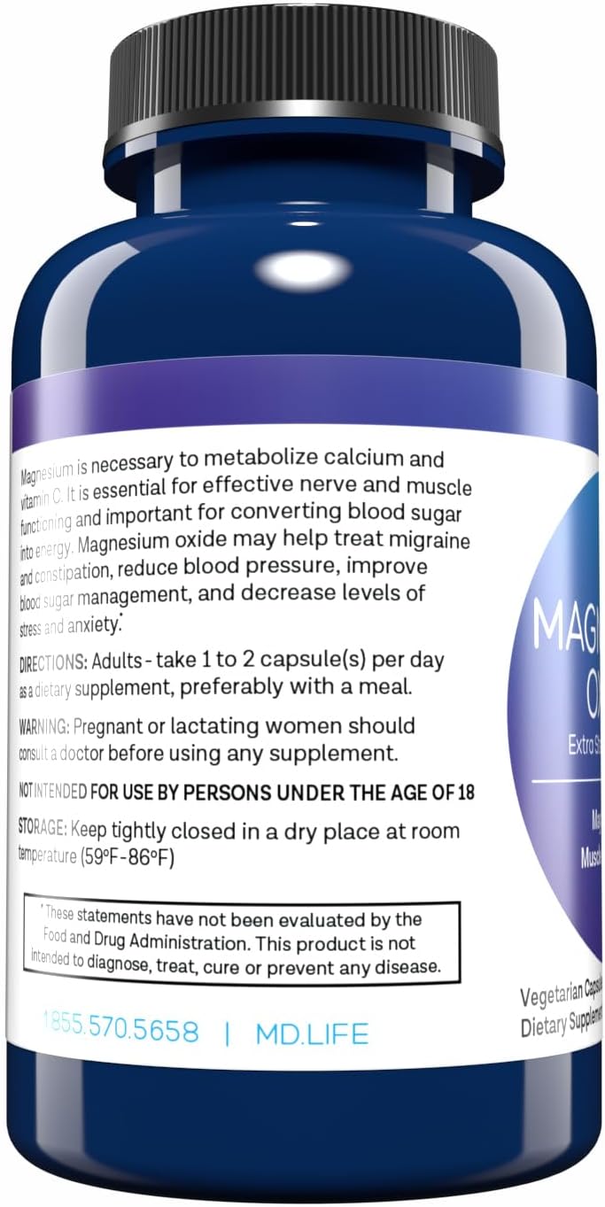 MD.LIFE Magnesium Oxide Capsules - 30 Count - High Absorption for Vascular Health, Leg Cramps, Sleep - Non GMO Supplement