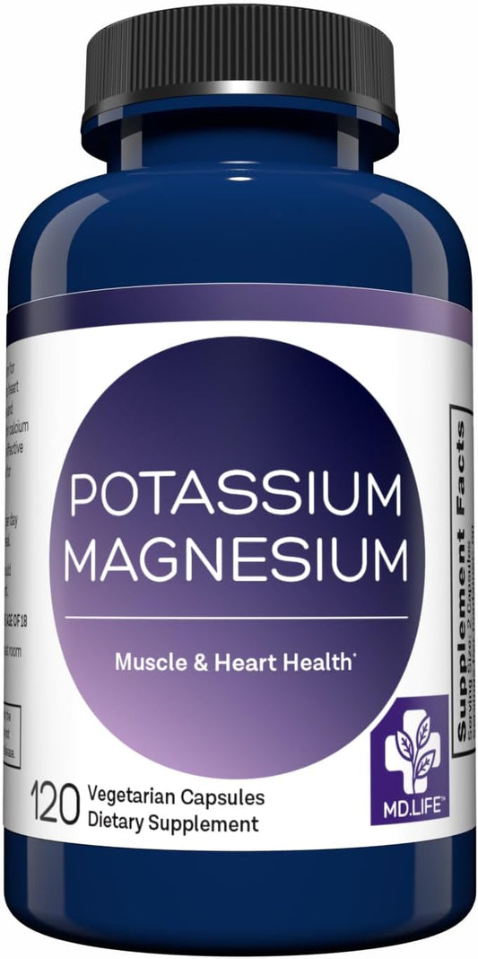 MD.LIFE Magnesium Potassium Complex - 120 Capsules - High Absorption Formula for Vascular Health & Leg Cramp Relief