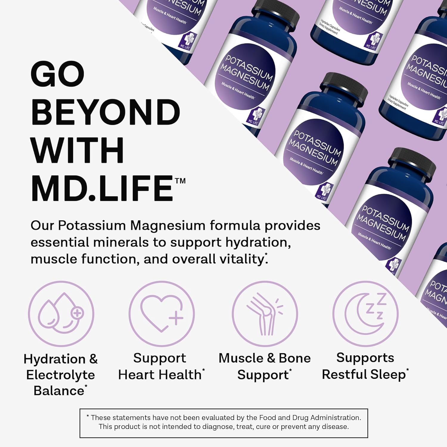 MD.LIFE Magnesium Potassium Supplement - 90 Capsules - High Absorption Complex for Vascular Health & Leg Cramps - 90ct