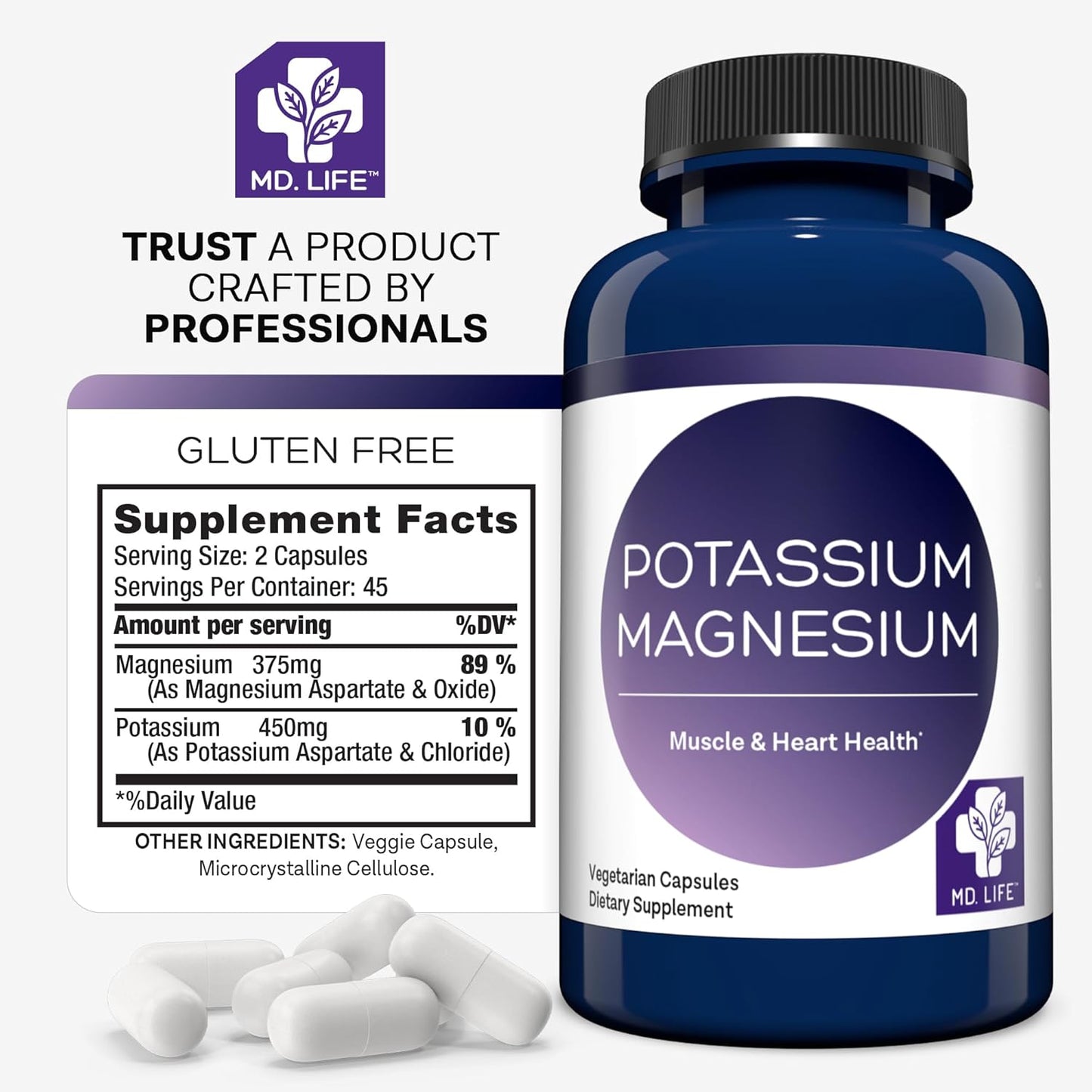 MD.LIFE Magnesium Potassium Supplement - 90 Capsules - High Absorption Complex for Vascular Health & Leg Cramps - 90ct