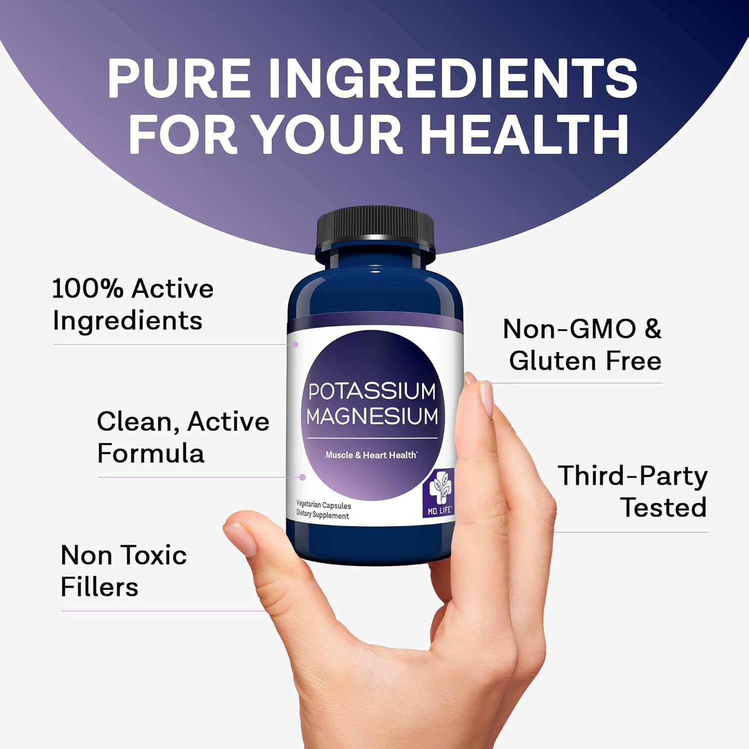MD.LIFE Magnesium Potassium Supplement - 90 Capsules - High Absorption Complex for Vascular Health & Leg Cramps - 90ct