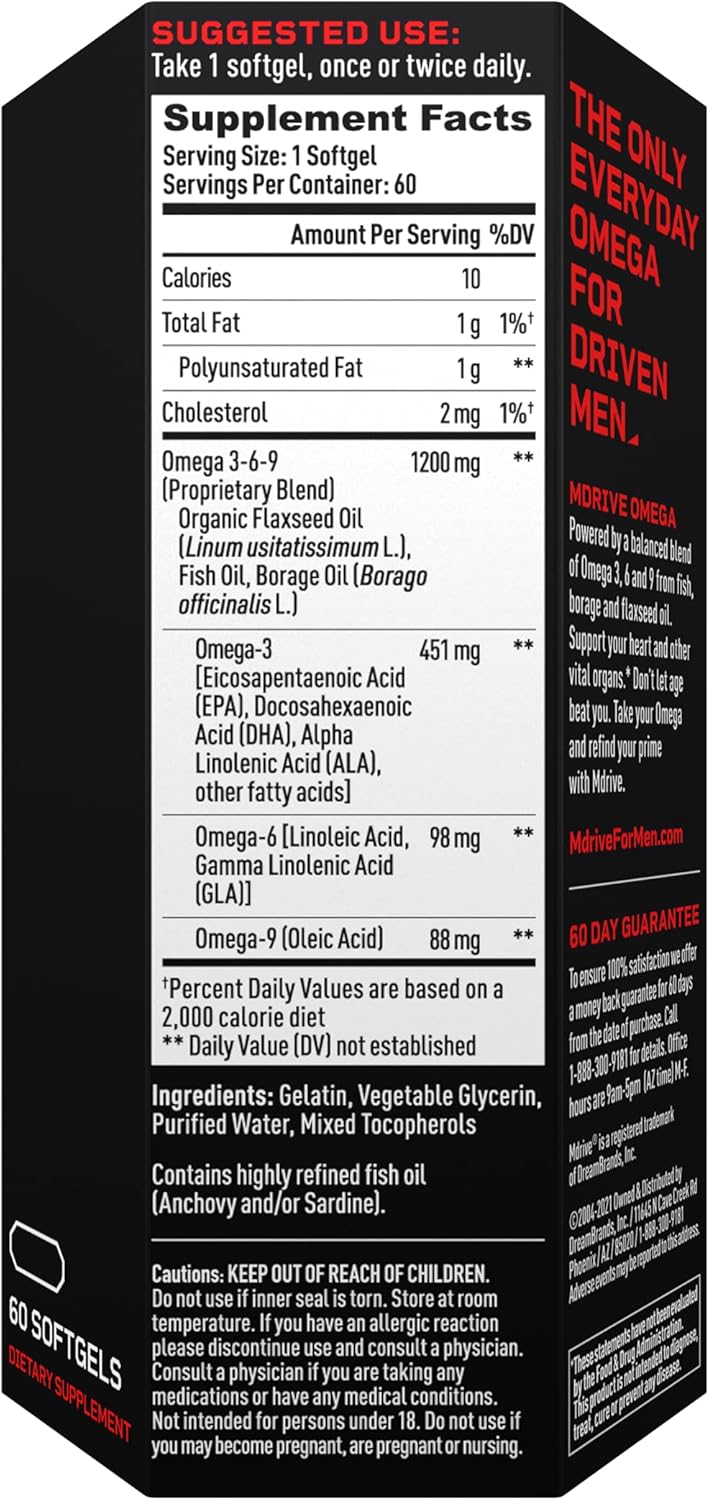 Mdrive Omega 3-6-9 Fish Oil Capsules for Men, 1200mg, Heart, Brain, Skin & Joint Health Support, 60 Count
