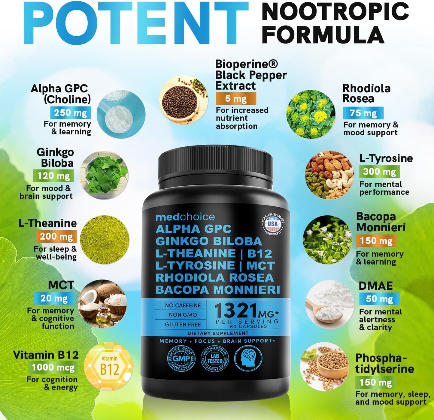 MEDCHOICE 11-in-1 Nootropic Brain Supplements for Memory and Focus - Vegan Formula with Ginkgo Biloba, L Theanine, and More - 60ct x 2 Pack