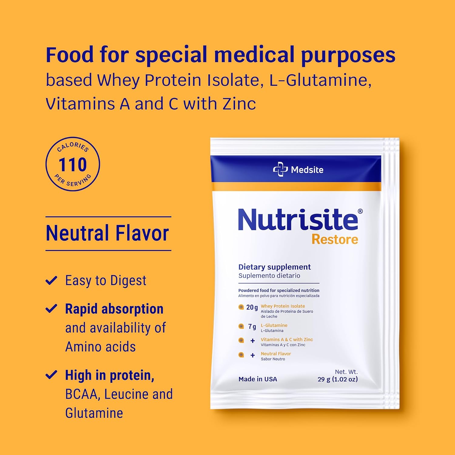 Medsite Nutrisite Restore Powder: Wound Healing Support with Whey Isolate Protein and Essential Nutrients - Gluten and Sugar Free, Unflavored (1 Serving)