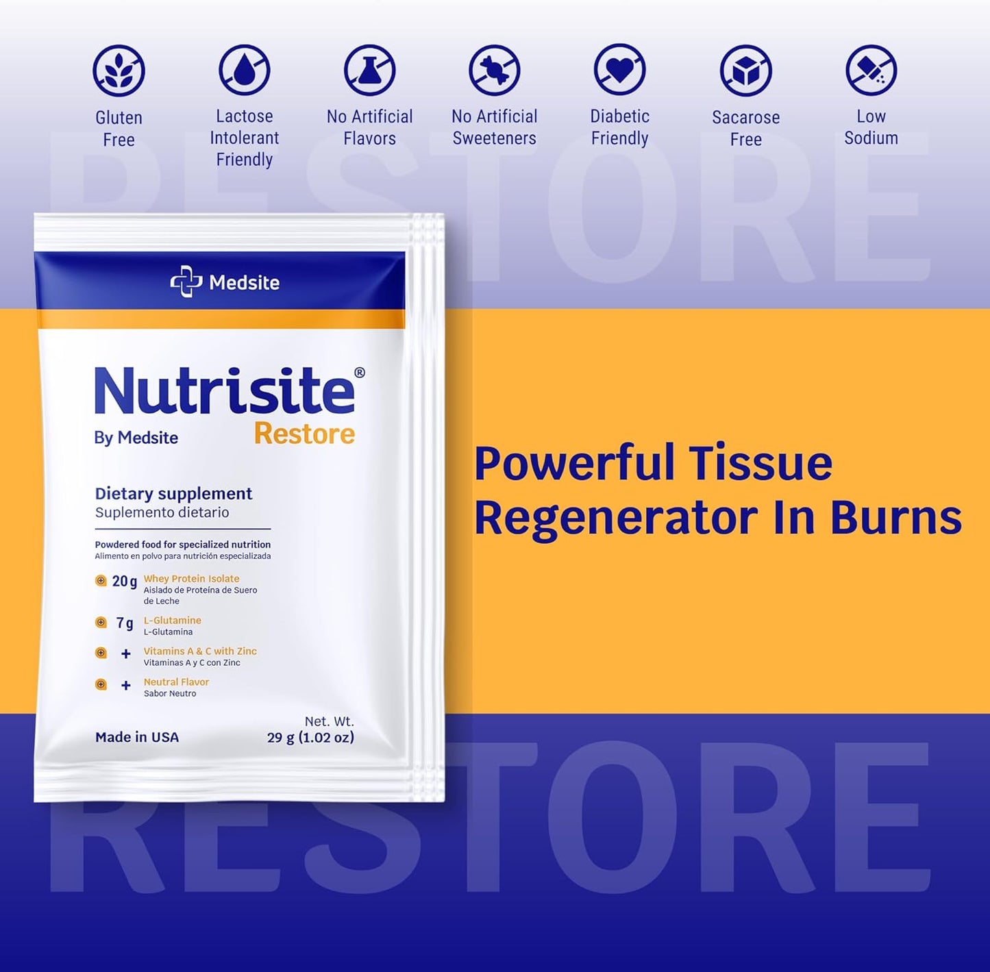 Medsite Nutrisite Restore Powder: Wound Healing Support with Whey Isolate Protein and Essential Nutrients - Gluten and Sugar Free, Unflavored (1 Serving)