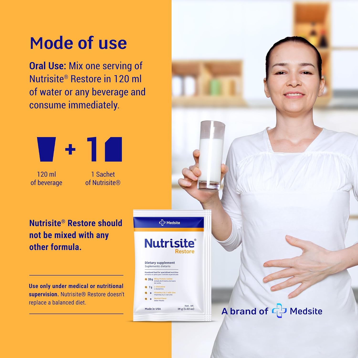 Medsite Nutrisite Restore Powder: Wound Healing Support with Whey Isolate Protein and Essential Nutrients - Gluten and Sugar Free, Unflavored (1 Serving)