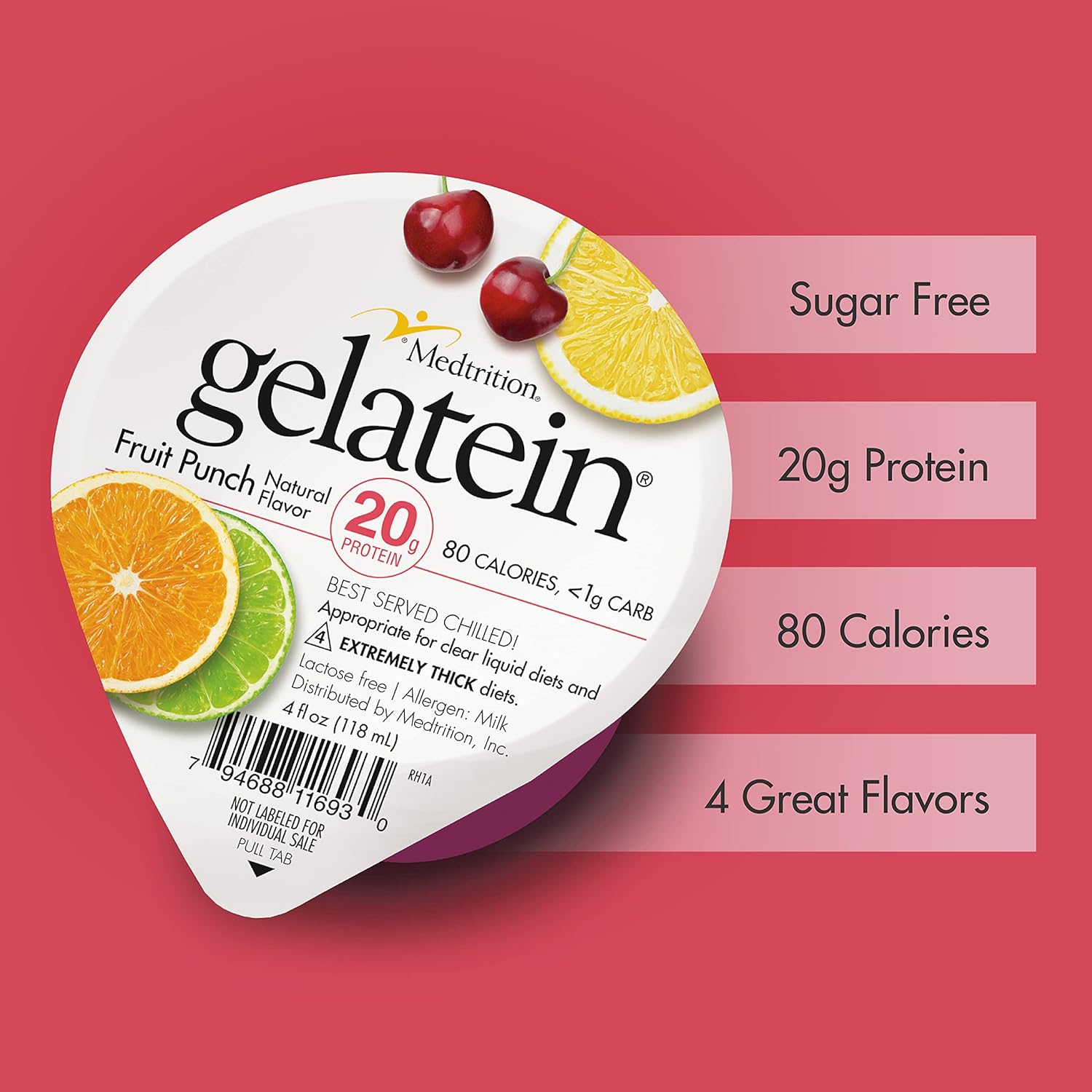 Medtrition Gelatein Fruit Punch: High-Protein, Sugar-Free Snack for Liquid Diets, Swallowing Issues, Bariatric, Dialysis & Oncology - 12 Pack