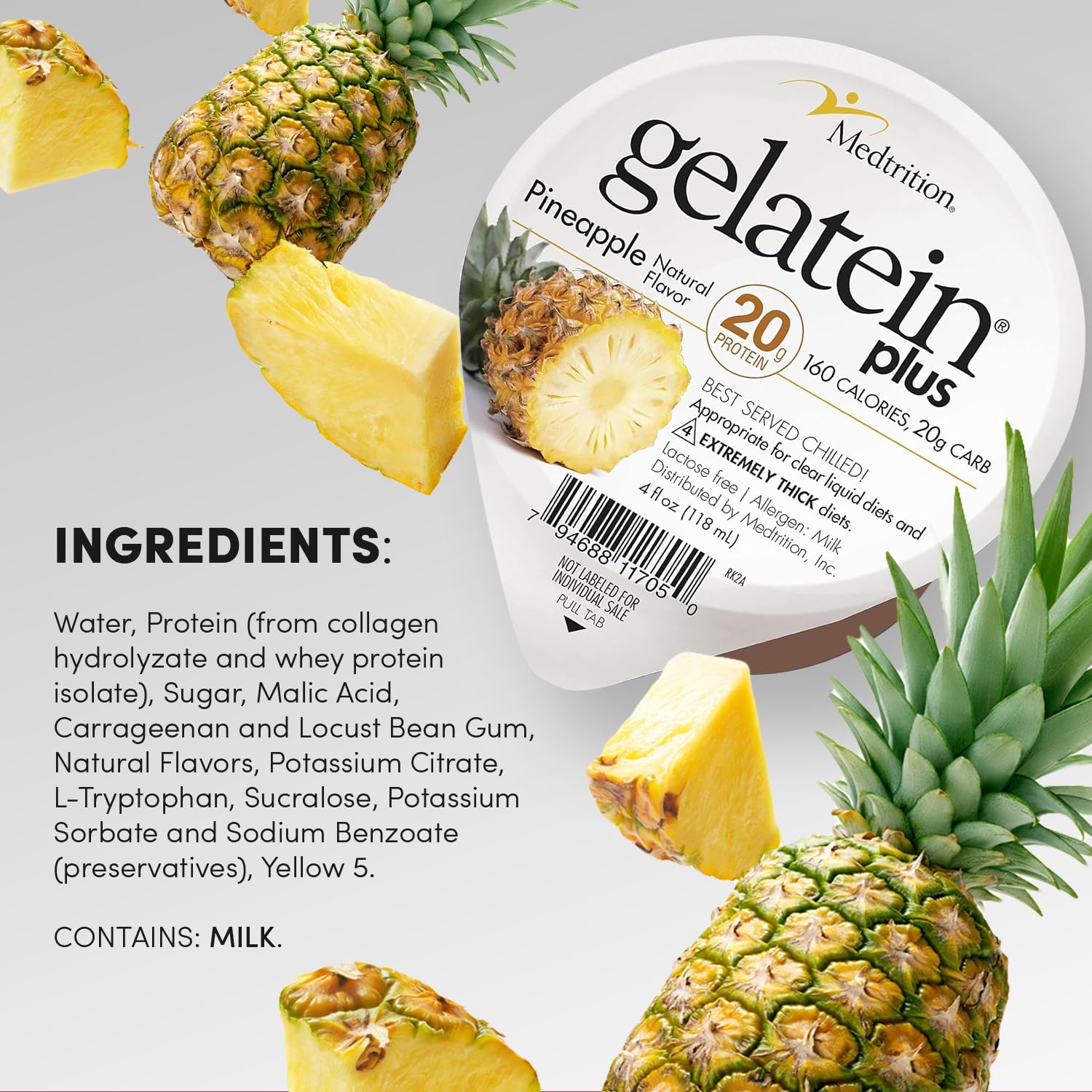 Medtrition GelaTein Plus Pineapple - 20g Protein for Clear Liquid Diets, Swallowing Issues, Dialysis, Oncology - Ideal Pre or Post-Workout Snack (36 Pack)