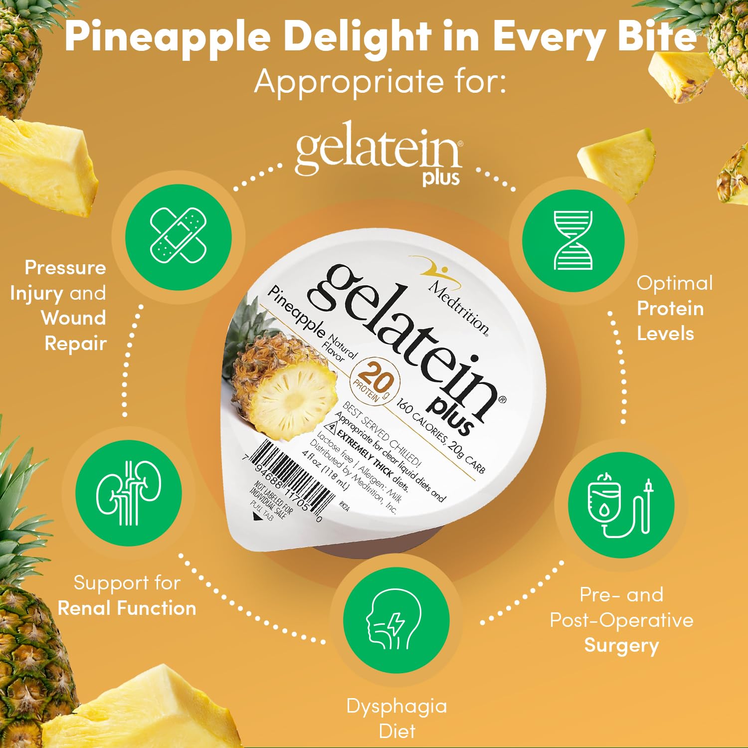 Medtrition GelaTein Plus Pineapple - 20g Protein for Clear Liquid Diets, Swallowing Issues, Dialysis, Oncology - Ideal Pre or Post-Workout Snack (36 Pack)