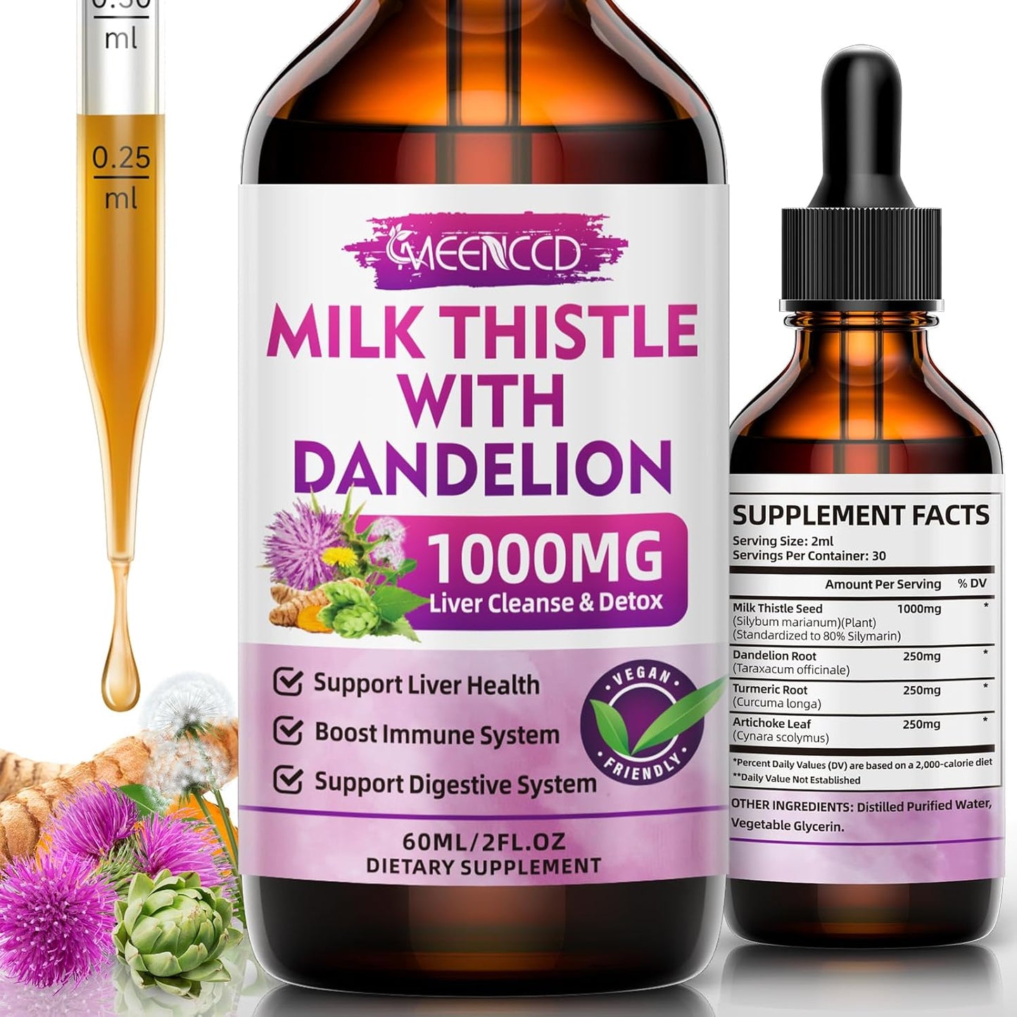 MEENCCD Milk Thistle Liquid Drops - Liver Cleanse Detox & Repair - 1000mg Supplement for Liver Support - Vegan & Non-GMO - 2 Fl Oz Bottle