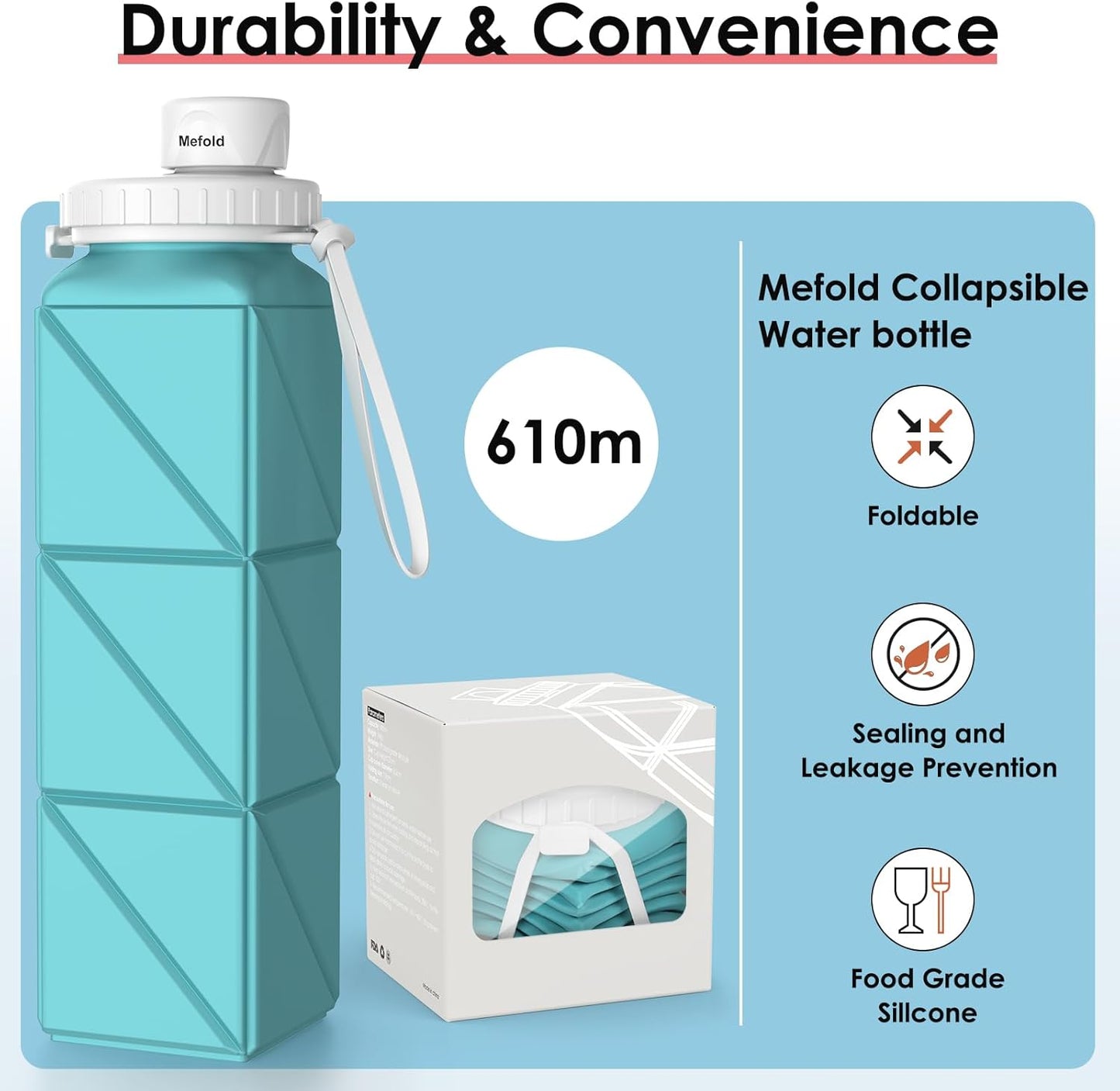 Mefold 610ml Foldable Silicone Water Bottle for Travel, Cycling, Gym, Camping - BPA-Free, Leakproof Lid, Lightweight & Portable - Wide Mouth, Collapsible & Durable Sports Water Bottle