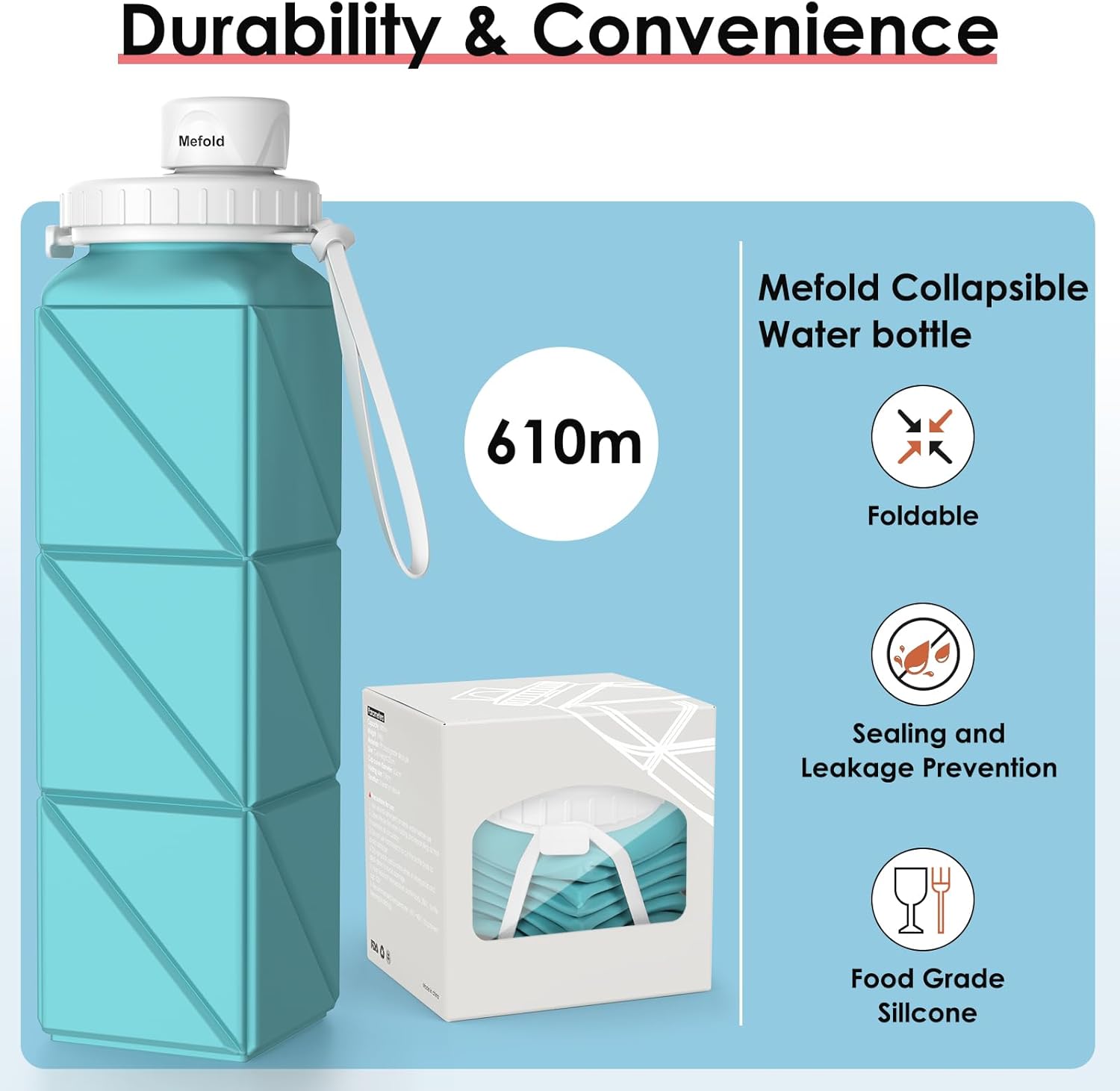 Mefold 610ml Foldable Silicone Water Bottle for Travel, Cycling, Gym, Camping - BPA-Free, Leakproof Lid, Lightweight & Portable - Wide Mouth, Collapsible & Durable Sports Water Bottle