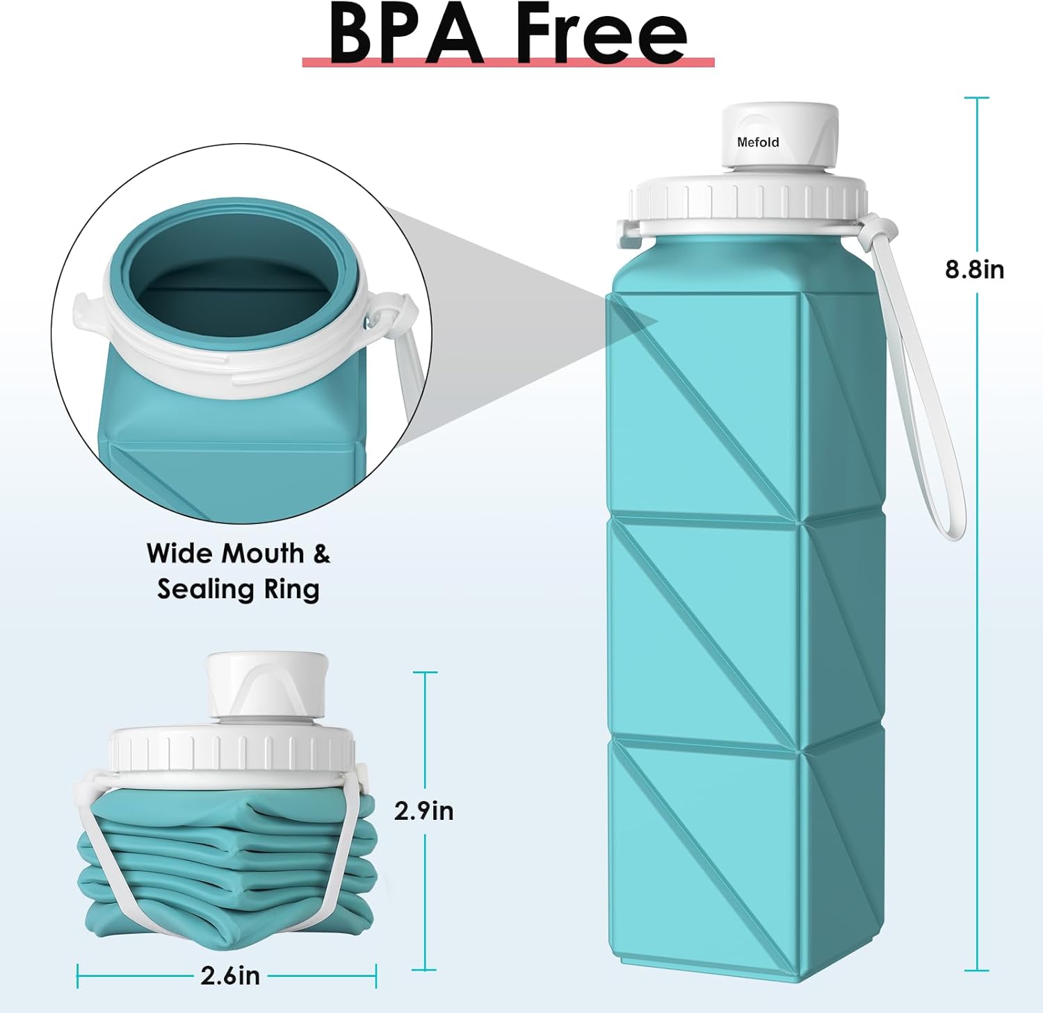 Mefold 610ml Foldable Silicone Water Bottle for Travel, Cycling, Gym, Camping - BPA-Free, Leakproof Lid, Lightweight & Portable - Wide Mouth, Collapsible & Durable Sports Water Bottle