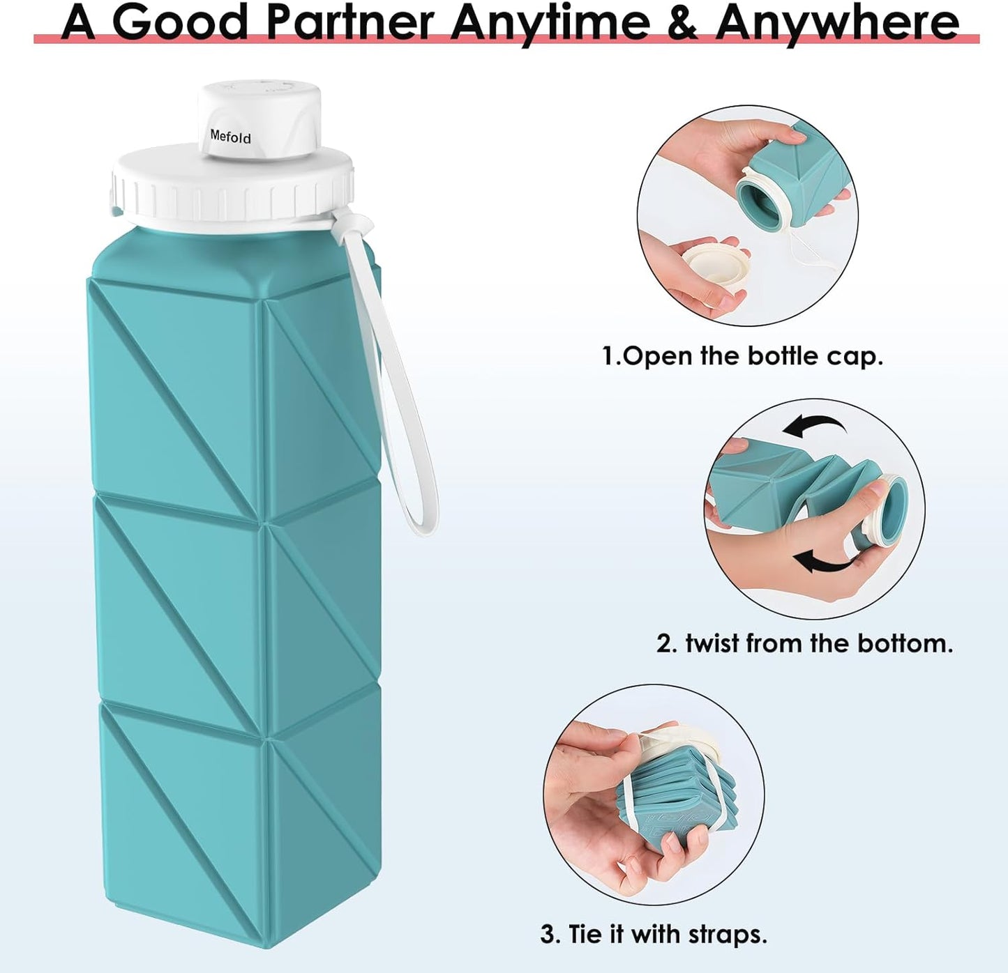 Mefold 610ml Foldable Silicone Water Bottle for Travel, Cycling, Gym, Camping - BPA-Free, Leakproof Lid, Lightweight & Portable - Wide Mouth, Collapsible & Durable Sports Water Bottle