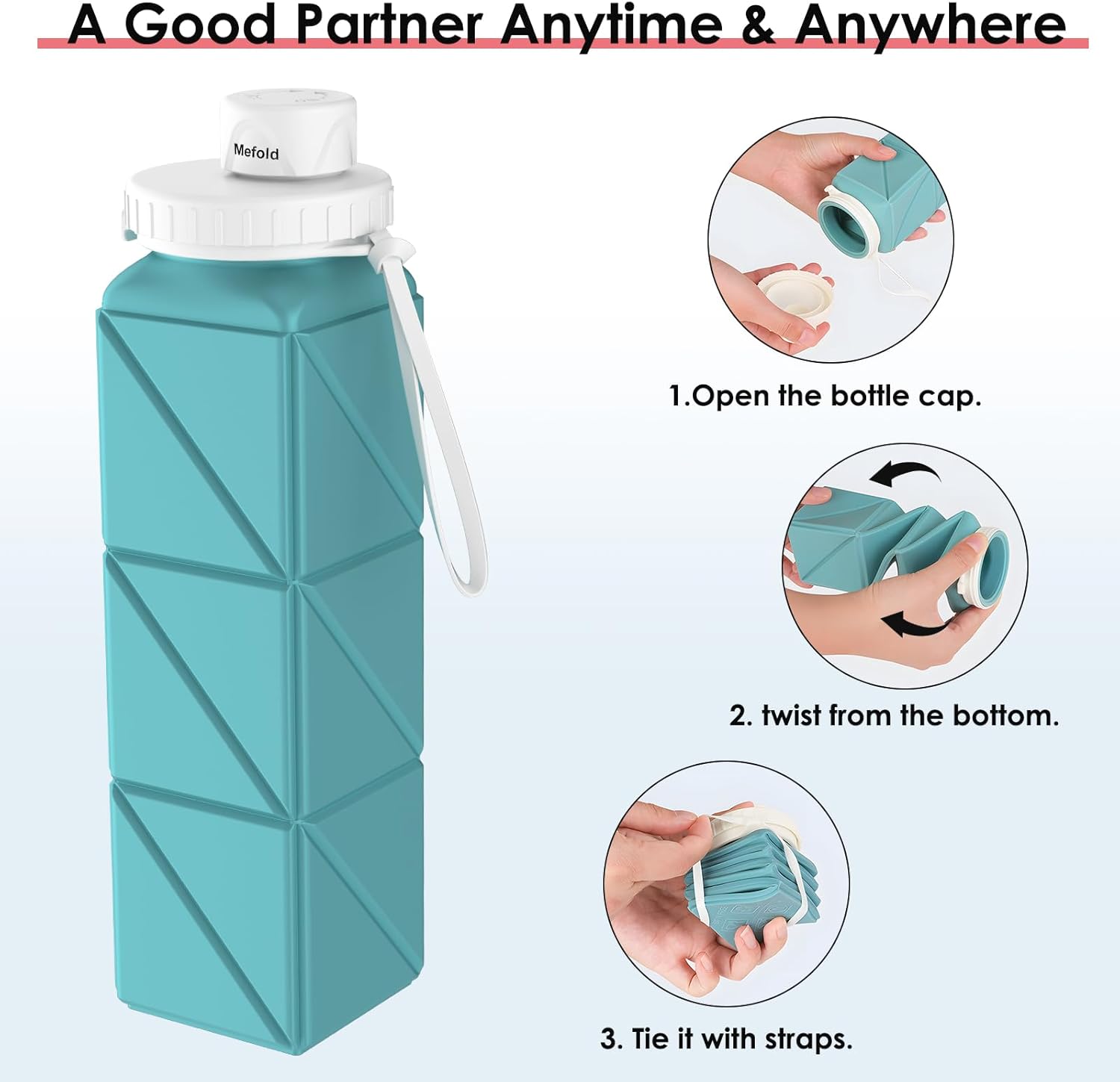 Mefold 610ml Foldable Silicone Water Bottle for Travel, Cycling, Gym, Camping - BPA-Free, Leakproof Lid, Lightweight & Portable - Wide Mouth, Collapsible & Durable Sports Water Bottle