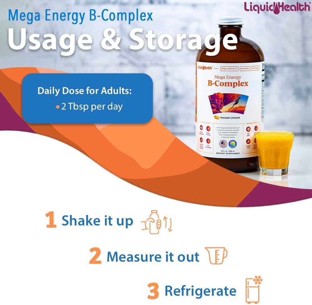 Mega Energy Methylated B-Complex Liquid Vitamin Supplement - Boost Energy, Reduce Stress & Fatigue, Support Immune, Heart & Gut Health - Vegan, Sugar-Free (32 oz)