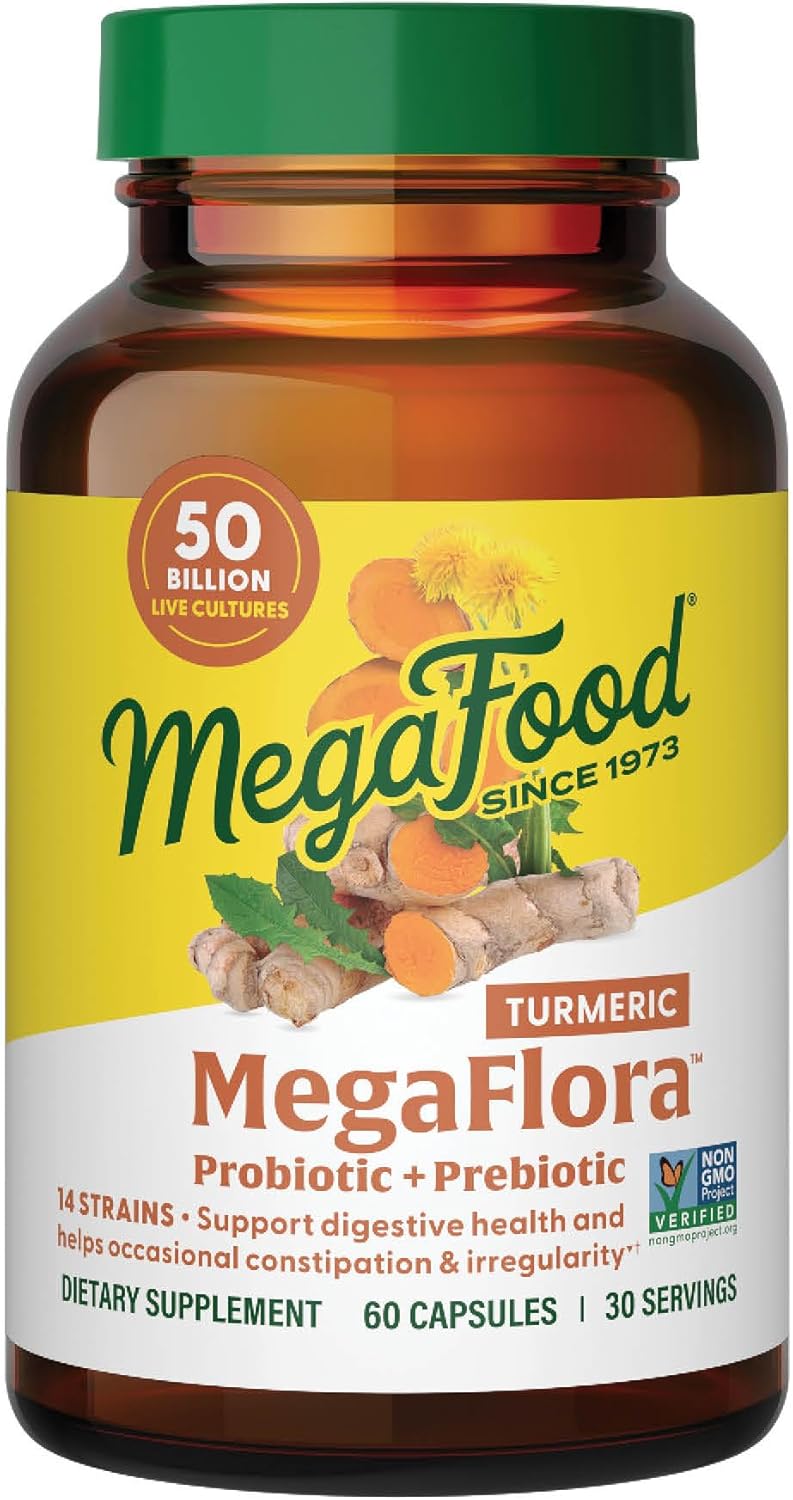 MegaFood MegaFlora Women's Probiotic + Prebiotics with Turmeric - 50 Billion CFUs, 14 Strains - Vegetarian - 60 Capsules