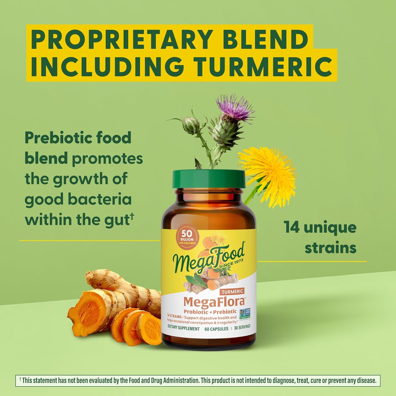 MegaFood MegaFlora Women's Probiotic + Prebiotics with Turmeric - 50 Billion CFUs, 14 Strains - Vegetarian - 60 Capsules