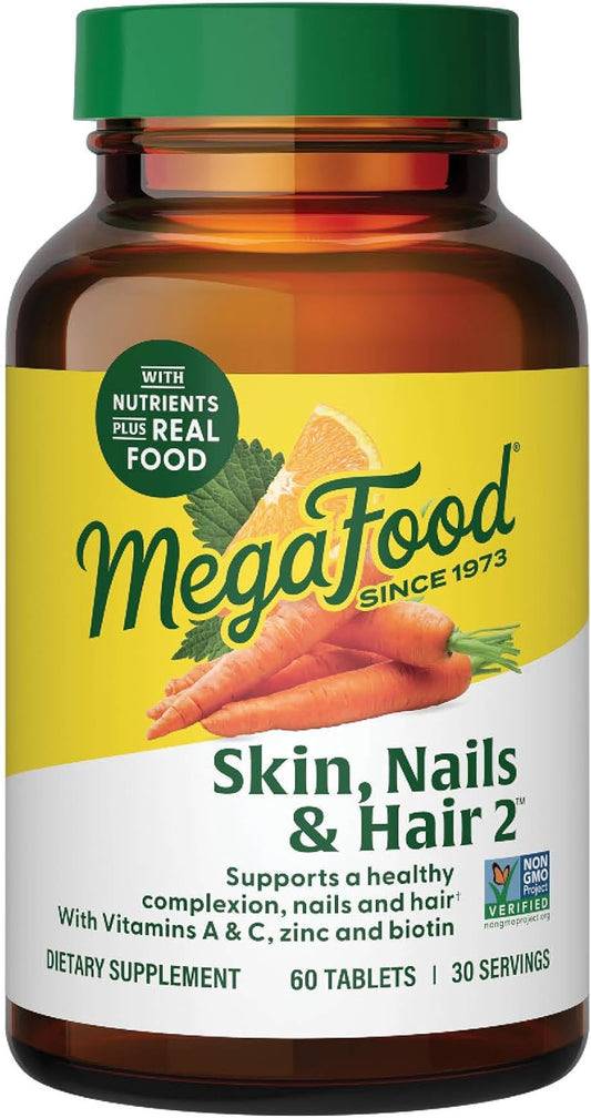 MegaFood Skin, Nails & Hair 2 - Vegan Multivitamin with Biotin, Vitamin A, C, E, Zinc, B6, and Pantothenic Acid - 60 Tablets (30 Servings)