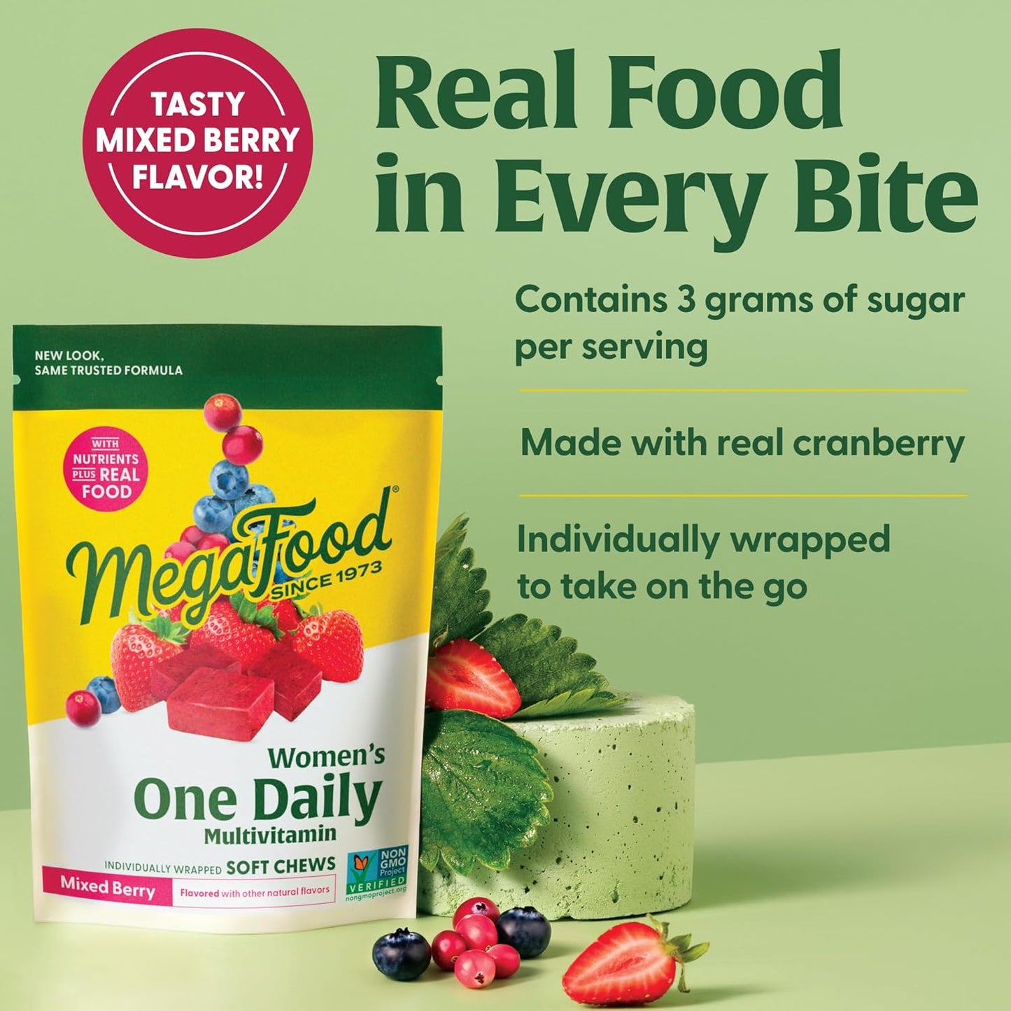 MegaFood Women's One Daily Multivitamin Soft Chews - Folate, Vitamin B6, B12, Biotin, D - Mixed Berry - Vegetarian, Non-GMO - 60 Chews