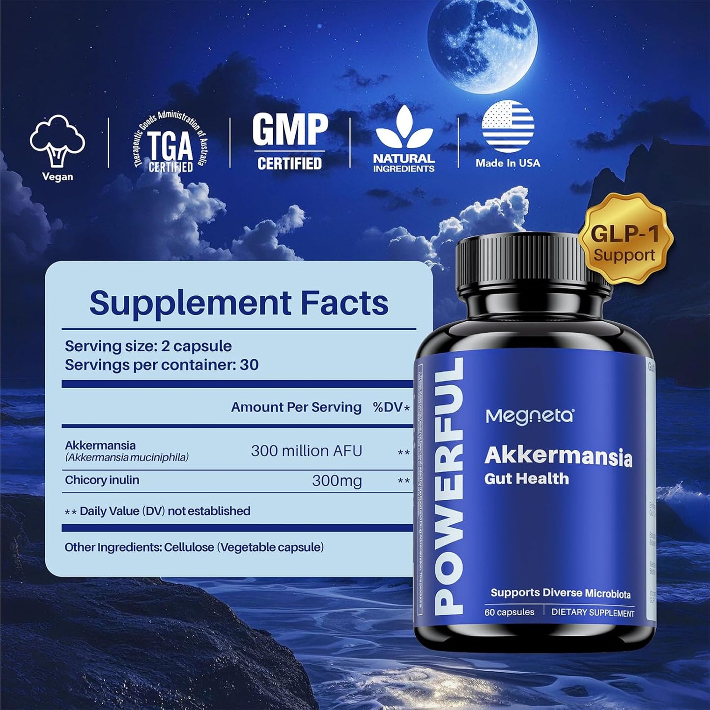 MEGNETA Akkermansia Probiotic with Inulin Prebiotic Fiber - Gut Health Supplements for Men & Women, 300M AFU, Boosts GLP-1 - 60 Capsules