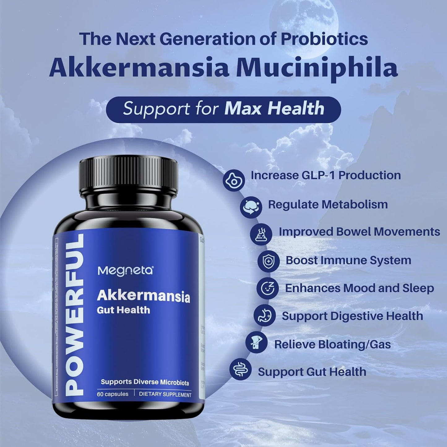 MEGNETA Akkermansia Probiotic with Inulin Prebiotic Fiber - Gut Health Supplements for Men & Women, 300M AFU, Boosts GLP-1 - 60 Capsules