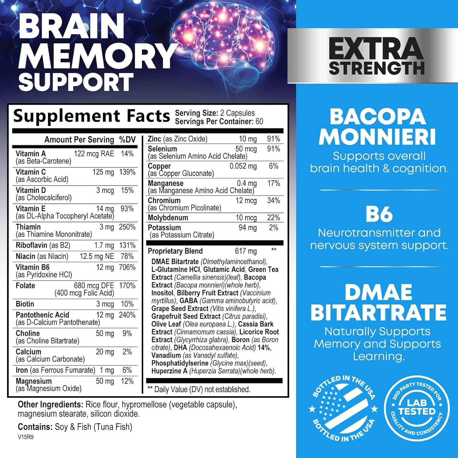 Memory and Focus Brain Supplement with 40 Nootropics & Vitamins - Cognitive Health Support - 120 Capsules