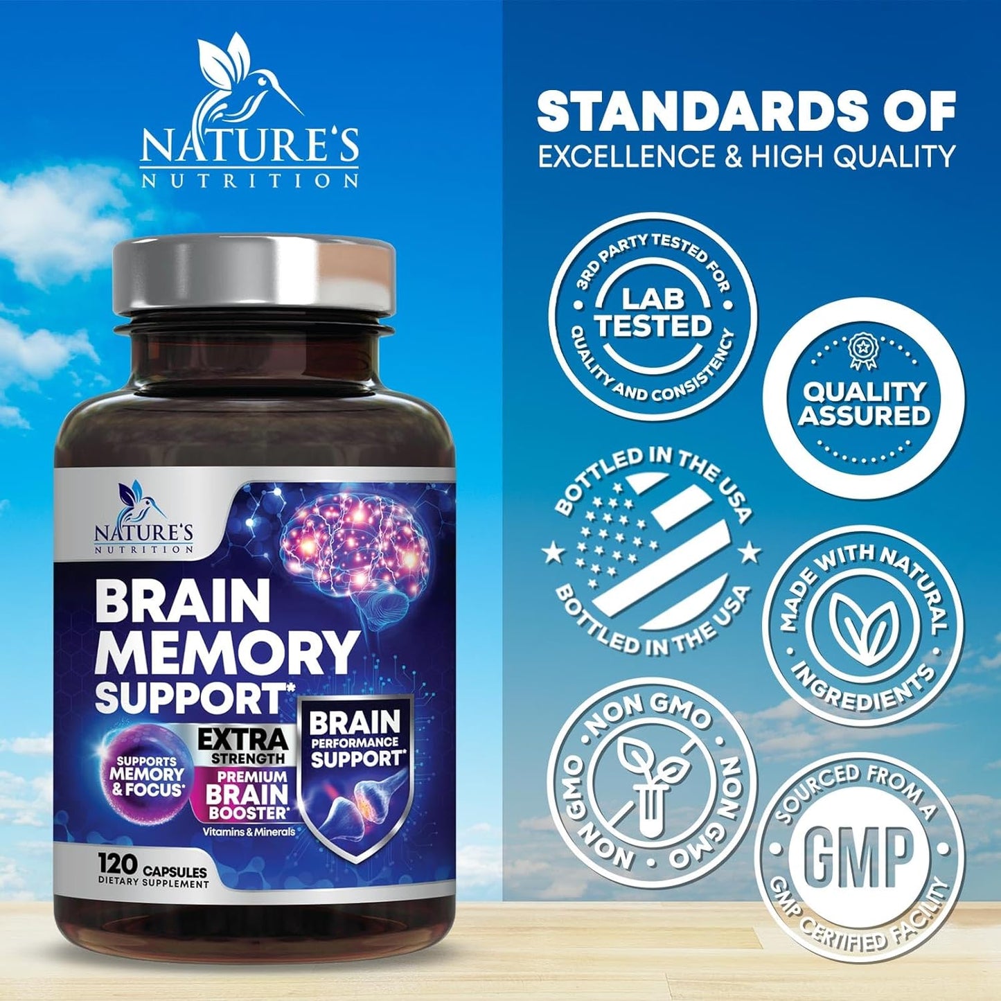 Memory and Focus Brain Supplement with 40 Nootropics & Vitamins - Cognitive Health Support - 120 Capsules