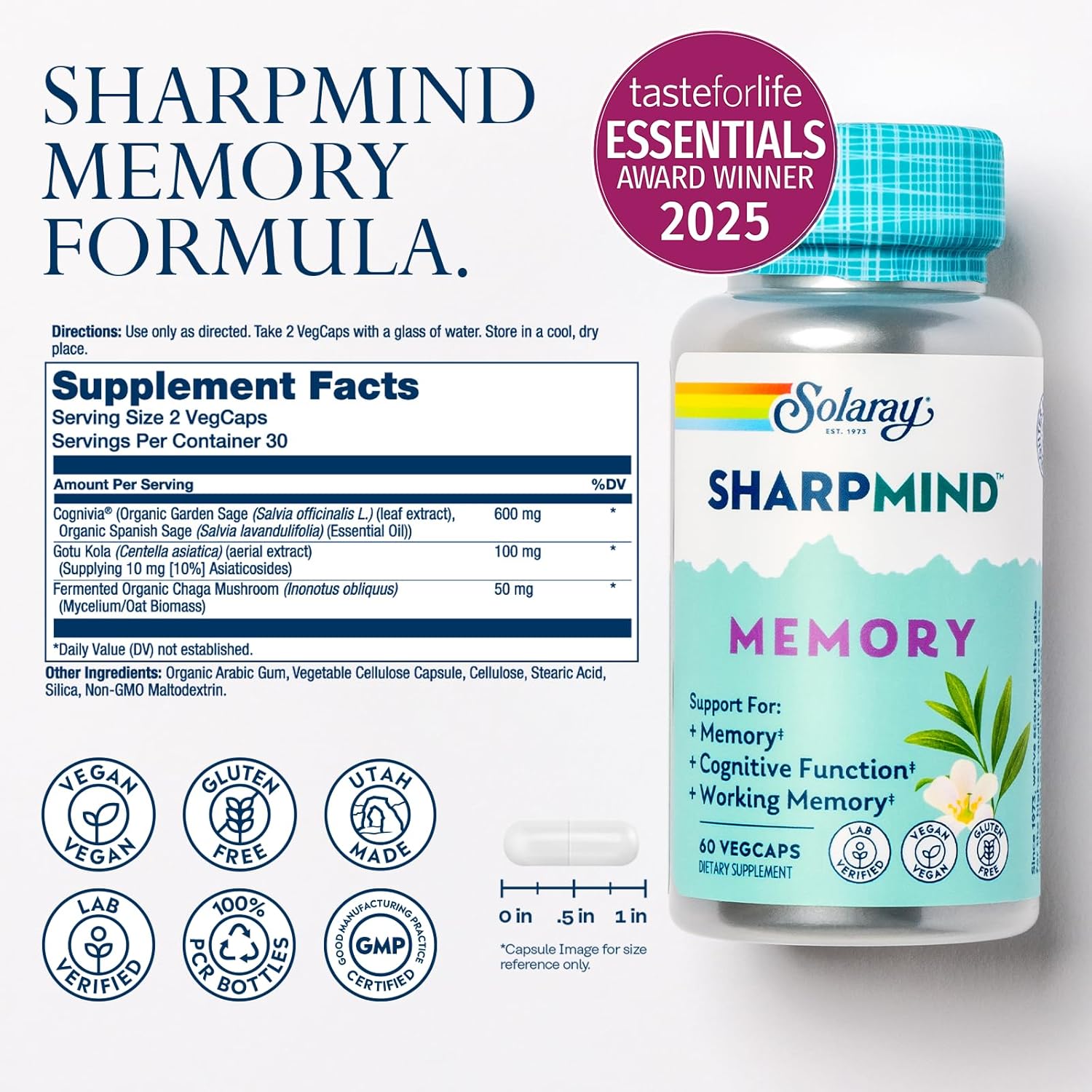 Memory and Focus Brain Supplement with Cognivia, Gotu Kola, and Chaga Mushroom - Ginkgo Biloba Alternative - 60-Day Guarantee - 60 VegCaps