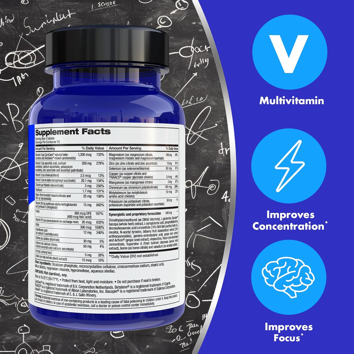 Memory & Concentration Brain Supplement with Vitamins B6, B12, D, Bacopa Monnieri & Tyrosine - 60 Count