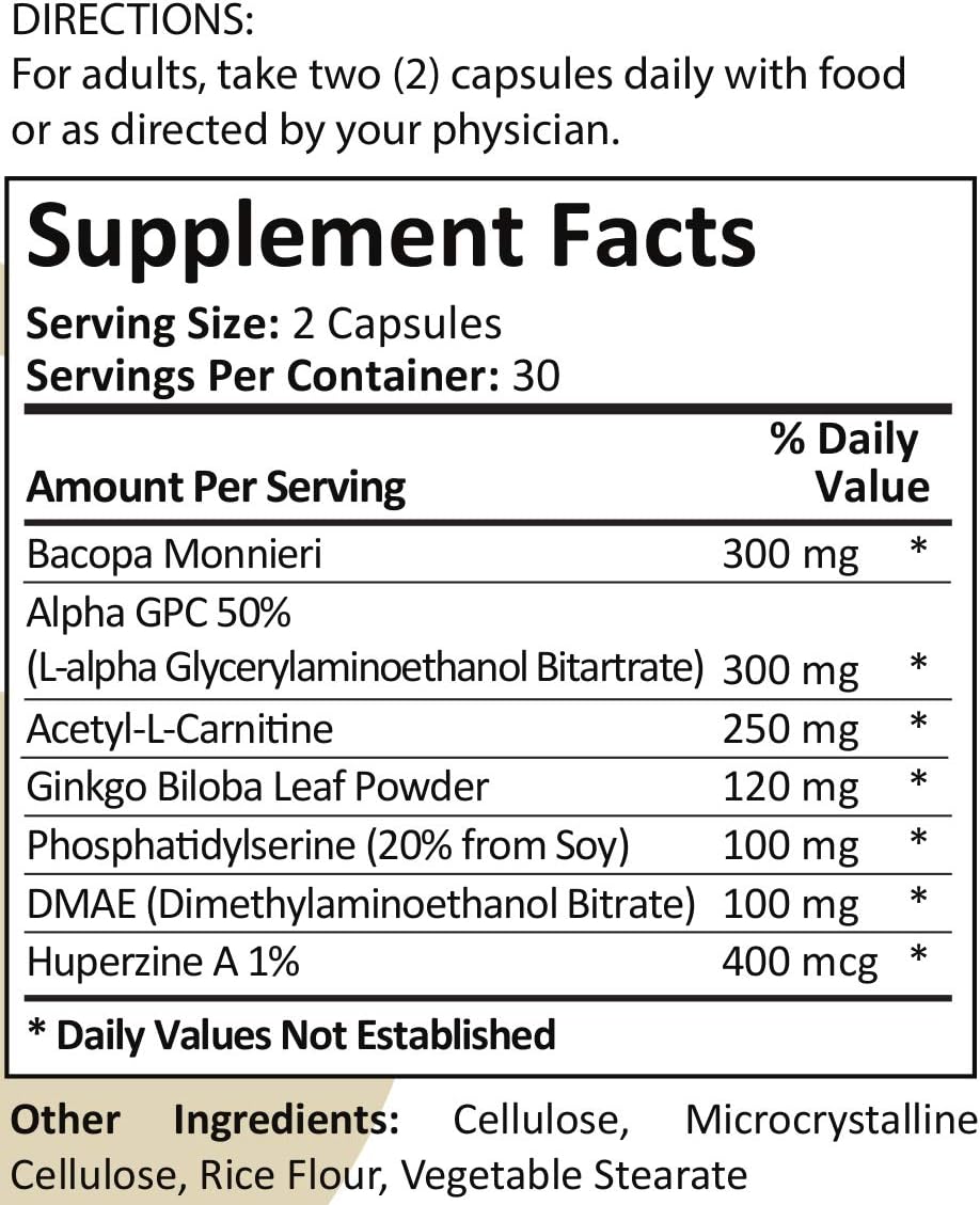 Memory, Focus & Clarity Brain Supplement with Ginkgo Biloba, Bacopa, Alpha GPC - 60 Capsules
