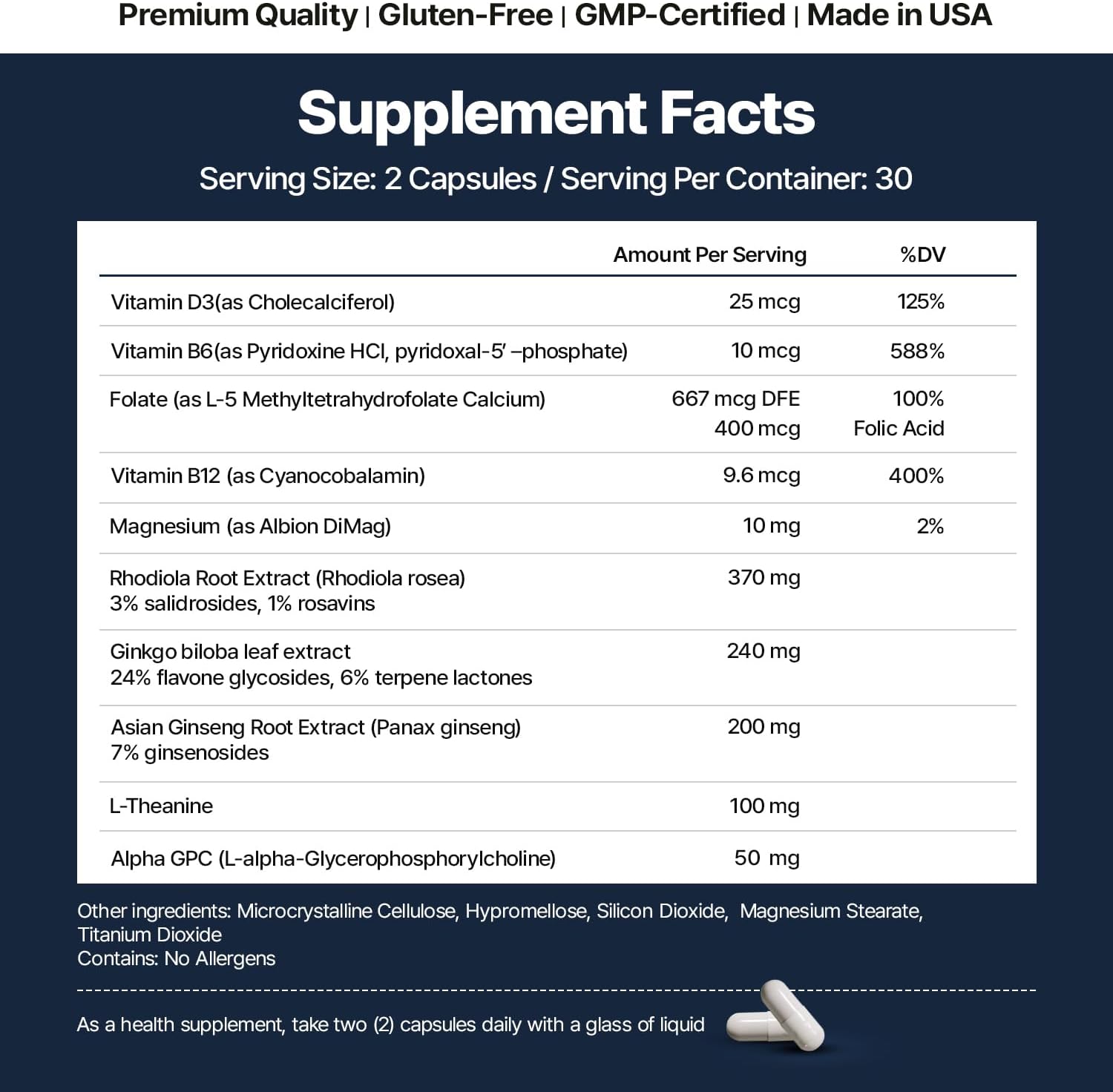 Memory & Focus Nootropic Supplement with Phosphatidylserine, Alpha GPC, L-Theanine & Ginkgo Biloba - 60 Capsules