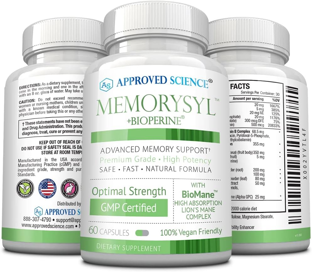 MemorySyl: Memory Boosting Supplement with Lion’s Mane and BioPerine - Enhance Focus, Concentration, and Cognitive Health - 60 Vegan Capsules