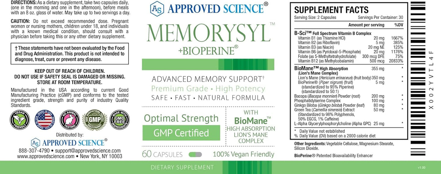 MemorySyl: Memory Boosting Supplement with Lion’s Mane and BioPerine - Enhance Focus, Concentration, and Cognitive Health - 60 Vegan Capsules