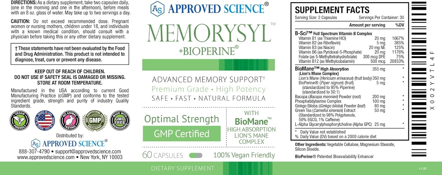 MemorySyl: Memory Boosting Supplement with Lion’s Mane and BioPerine - Enhance Focus, Concentration, and Cognitive Health - 60 Vegan Capsules