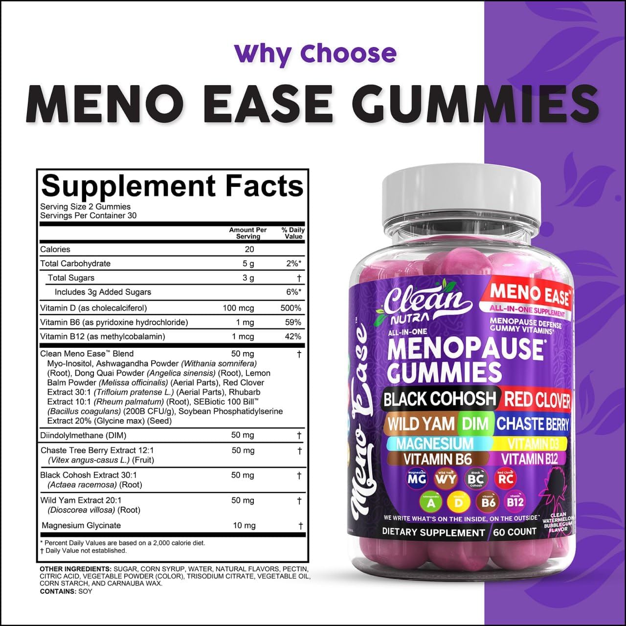 Menopause Relief Gummies with Black Cohosh, Wild Yam, Red Clover, and Vitamins for Hormone Balance and Night Sweats