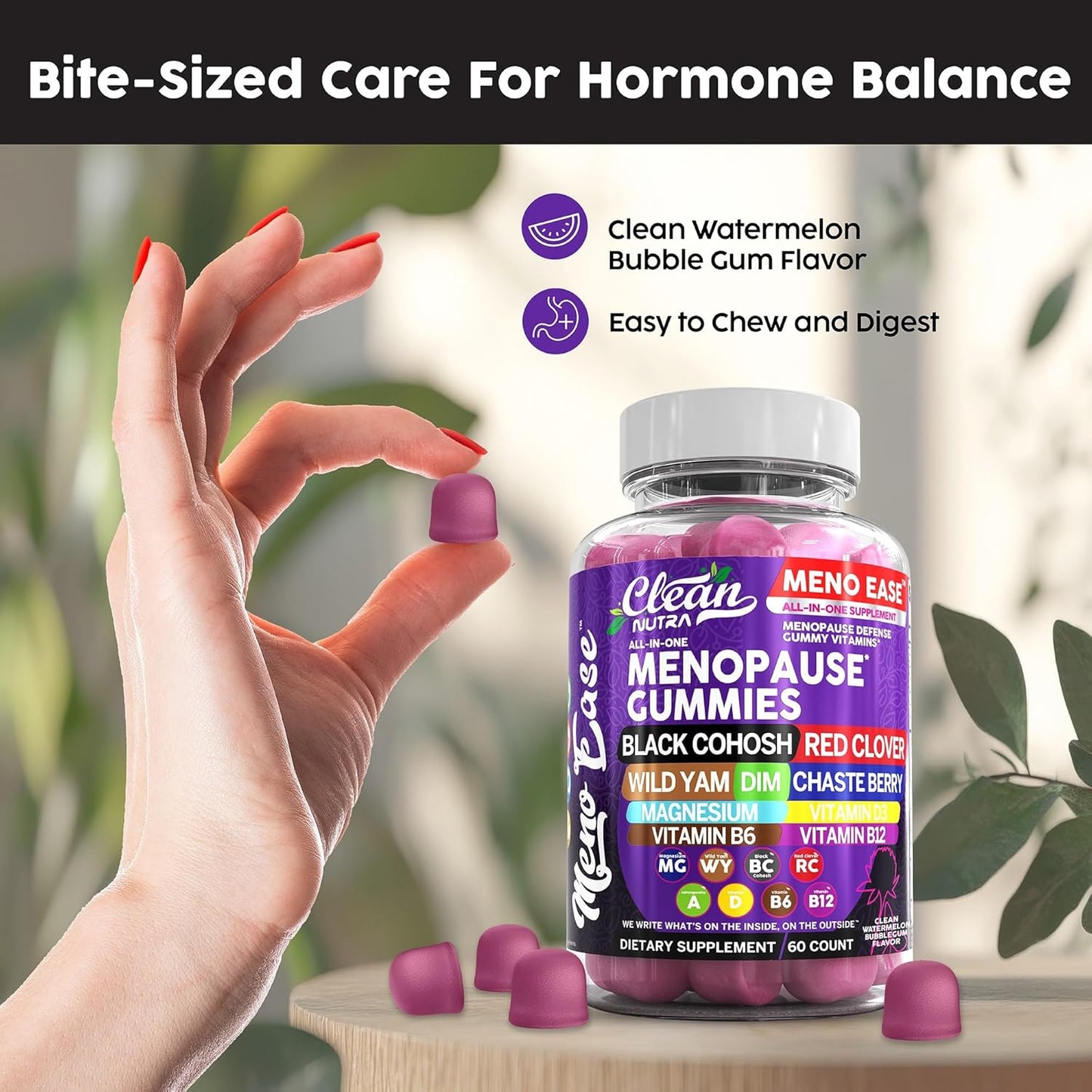 Menopause Relief Gummies with Black Cohosh, Wild Yam, Red Clover, and Vitamins for Hormone Balance and Night Sweats