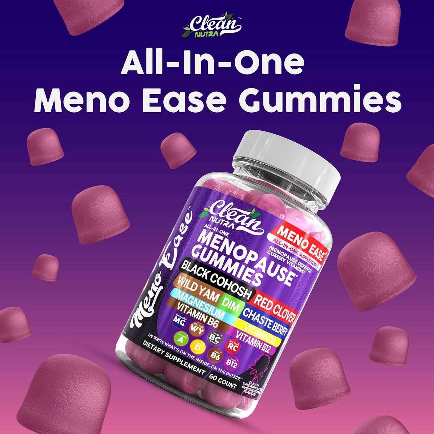 Menopause Relief Gummies with Black Cohosh, Wild Yam, Red Clover, and Vitamins for Hormone Balance and Night Sweats