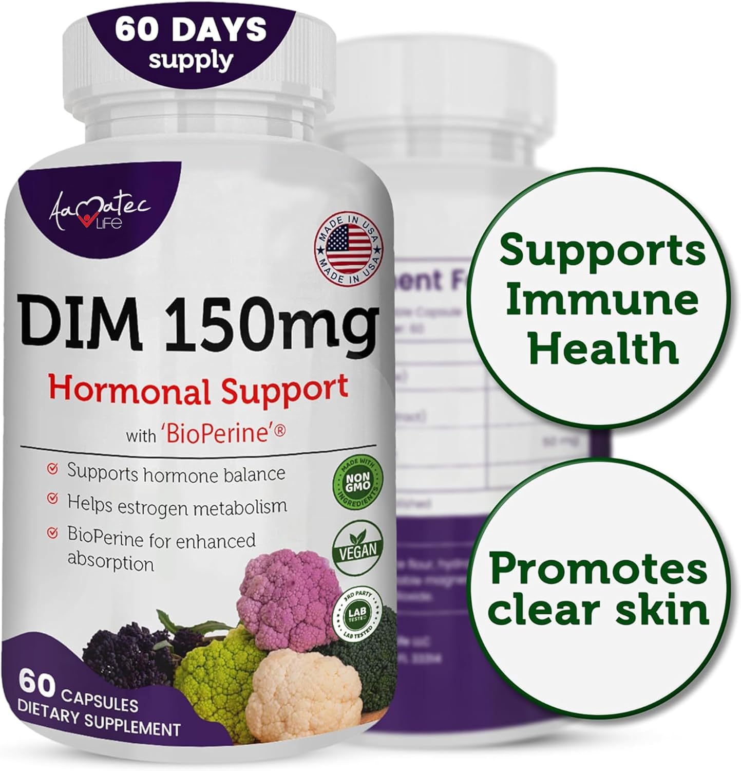 Menopause Relief: Women’s DIM Complex 150mg with Bioperine - Estrogen Balance & Hormonal Acne Support - 60 Capsules - USA Made