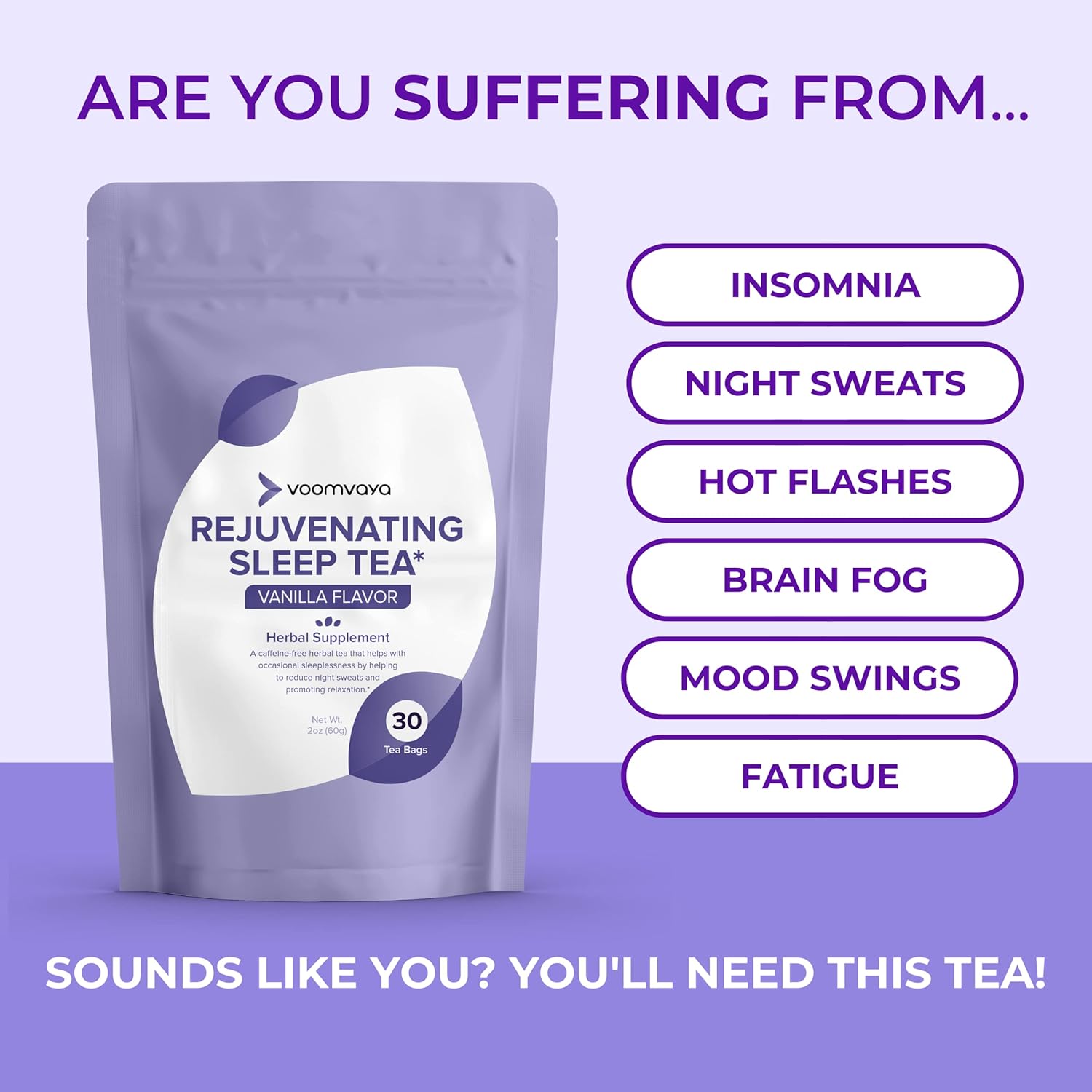 Menopause Sleep Tea with Valerian Root, Lavender & Chamomile - Herbal Supplement for Hot Flashes, Night Sweats - 30 Teabags