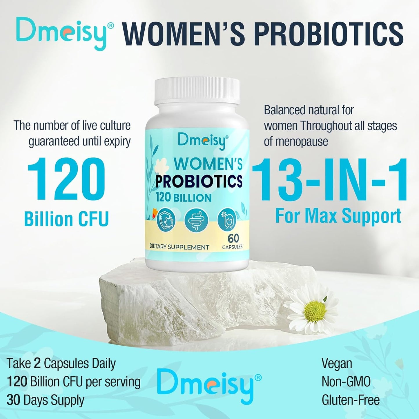 Menopause Support Probiotic with 120 Billion CFU - Natural Supplement for Women, Hot Flashes, Night Sweats, Mood Swings, Hormone Balance, Gut & Immune Health - 120 Capsules