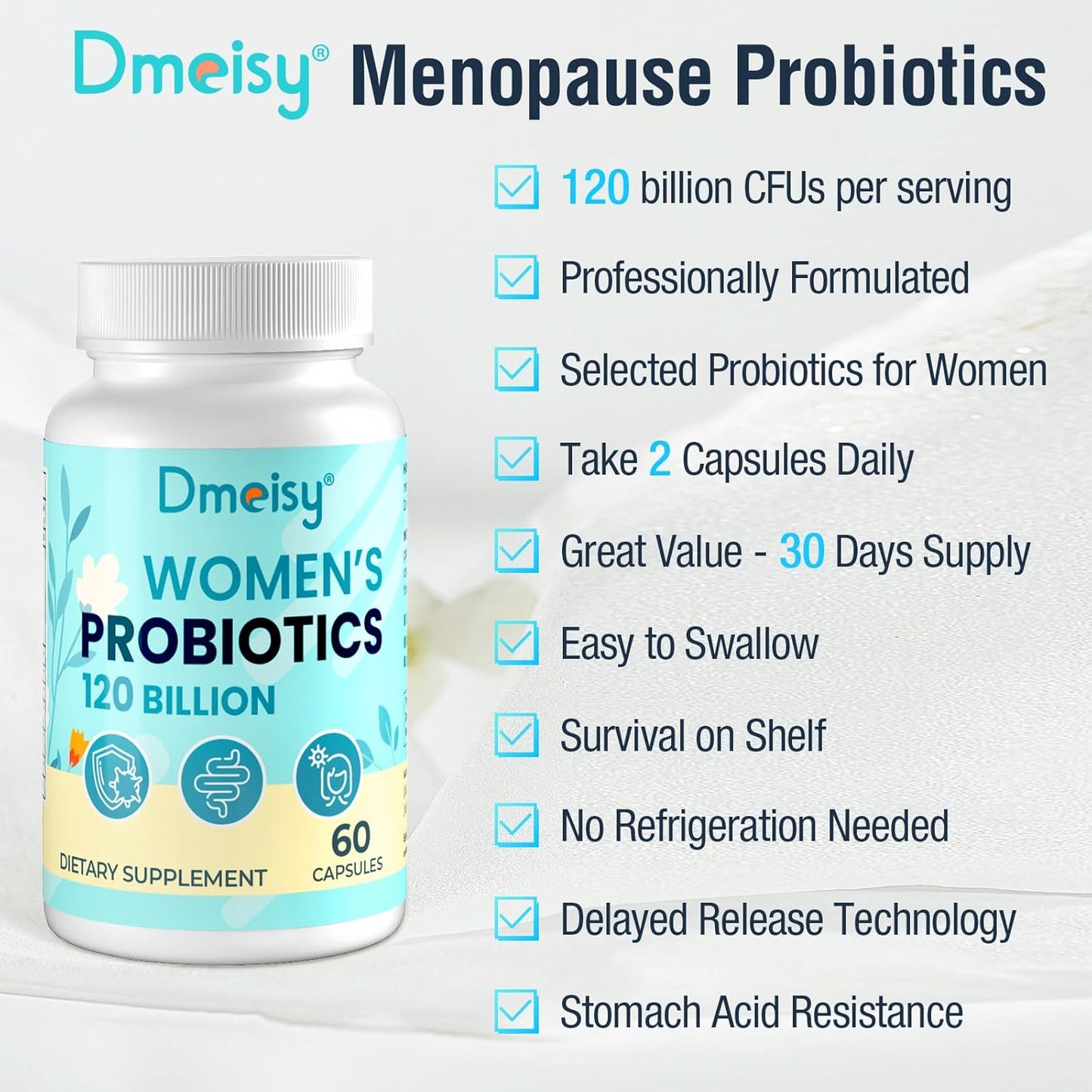 Menopause Support Probiotic with 120 Billion CFU - Natural Supplement for Women, Hot Flashes, Night Sweats, Mood Swings, Hormone Balance, Gut & Immune Health - 120 Capsules