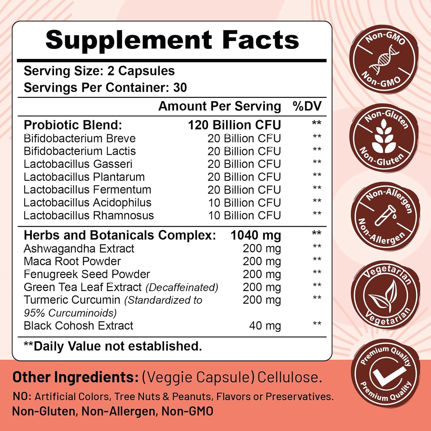 Menopause Support Supplement with 120 Billion CFU Probiotic, 13-in-1 Herbal Complex for Hormonal Balance, Hot Flashes, Night Sweats, Mood Swings, Sleep - 60 Vegan Capsules