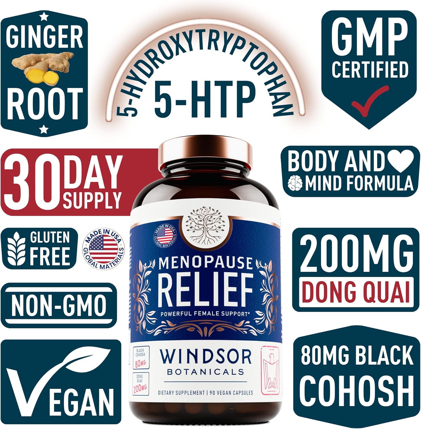 Menopause Support Supplements with 5-HTP, Dong Quai & Black Cohosh - Relief for Hot Flashes & Night Sweats - 90 Capsules for Women in Pre Menopause, Perimenopause & Meno Pause