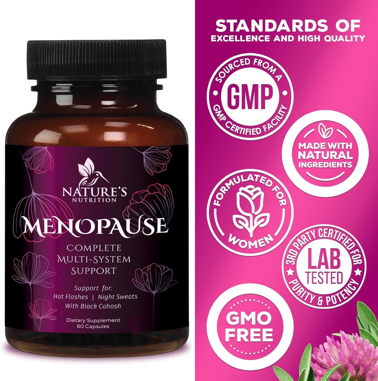 Menopause Support Vitamins - Relief for Hot Flashes & Night Sweats, Natural Balance Aid, Non-GMO - 60 Capsules