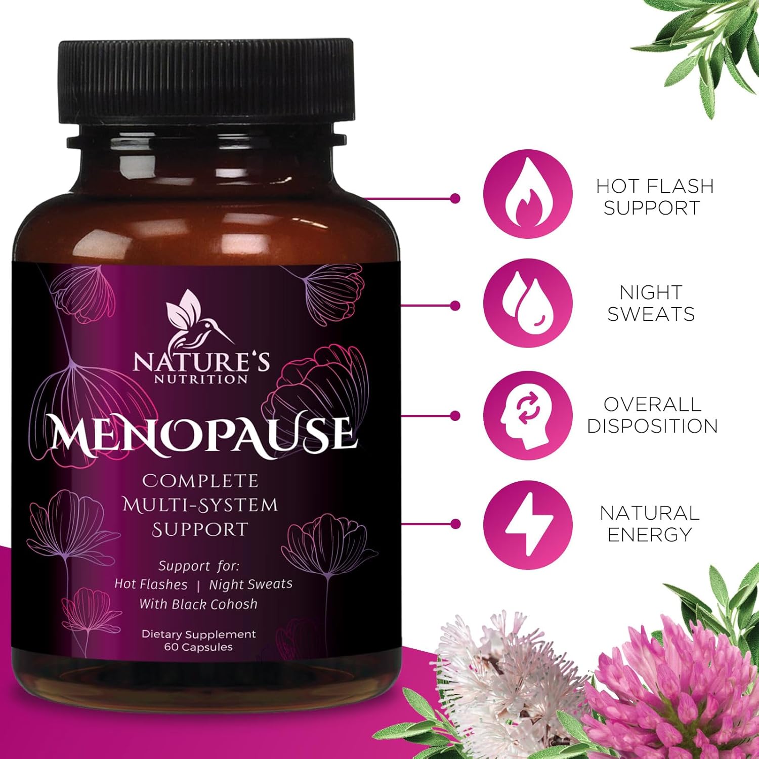 Menopause Support Vitamins - Relief for Hot Flashes & Night Sweats, Natural Balance Aid, Non-GMO - 60 Capsules